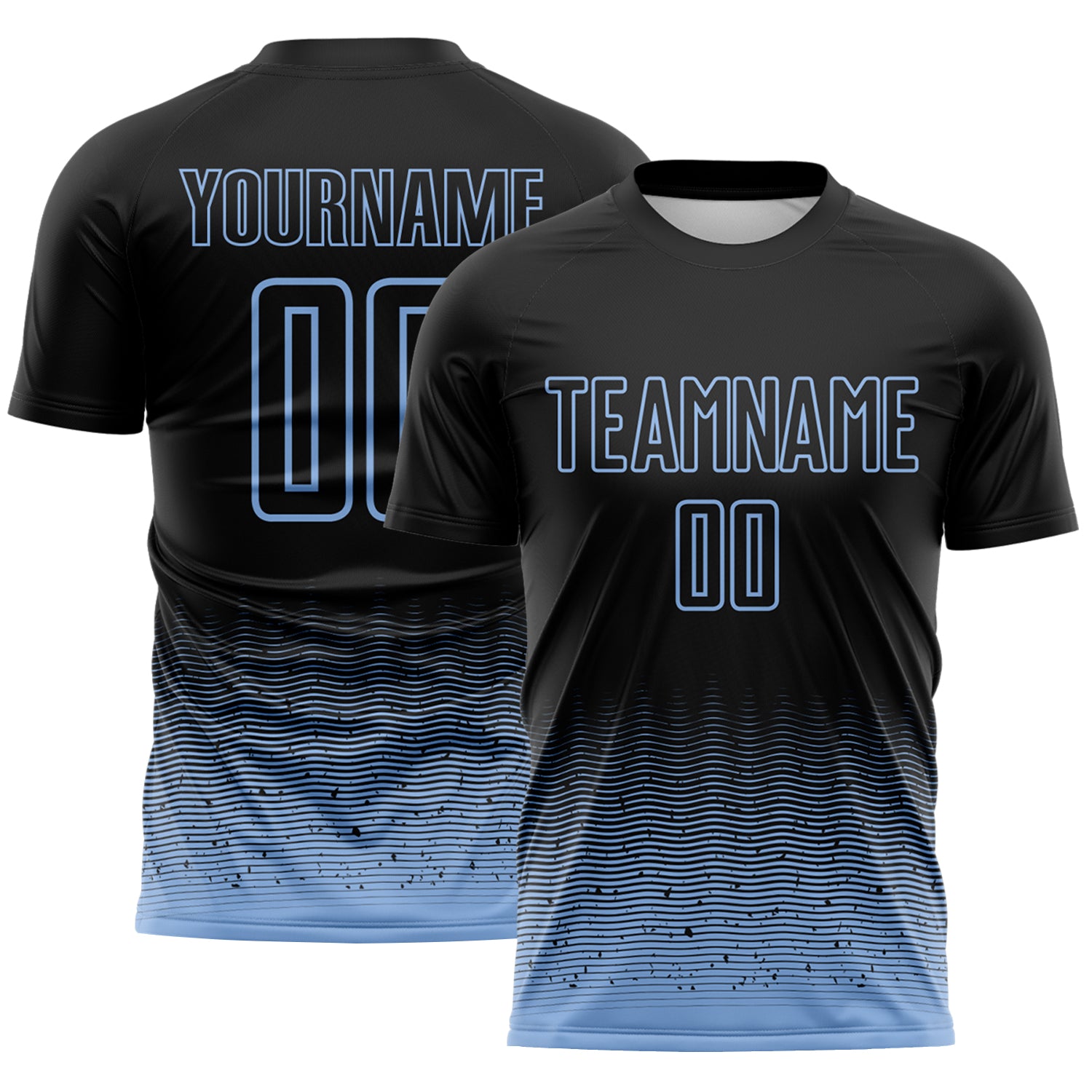 Custom Black-Light Blue Fade Wave Lines Splatter Sublimation Soccer Uniform Jersey