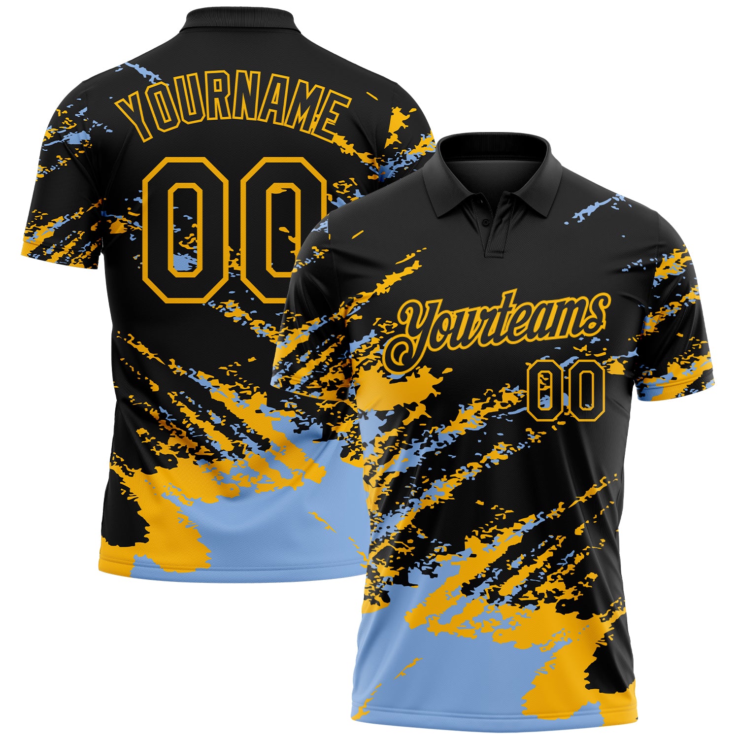 Custom Black Light Blue-Gold Brush Stroke Shatter Splatter Performance Polo Shirt