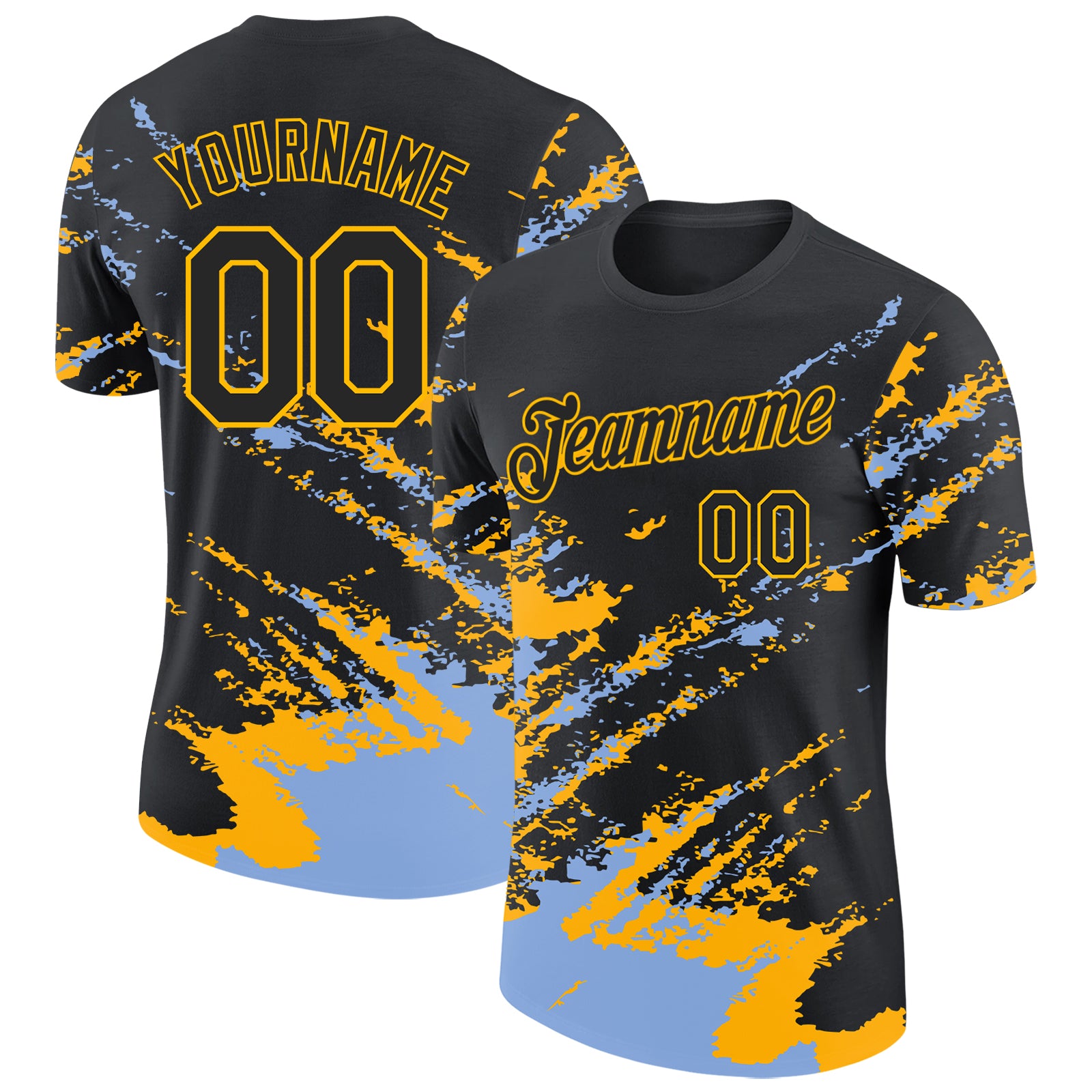 Custom Black Light Blue-Gold Brush Stroke Shatter Splatter Performance T-Shirt