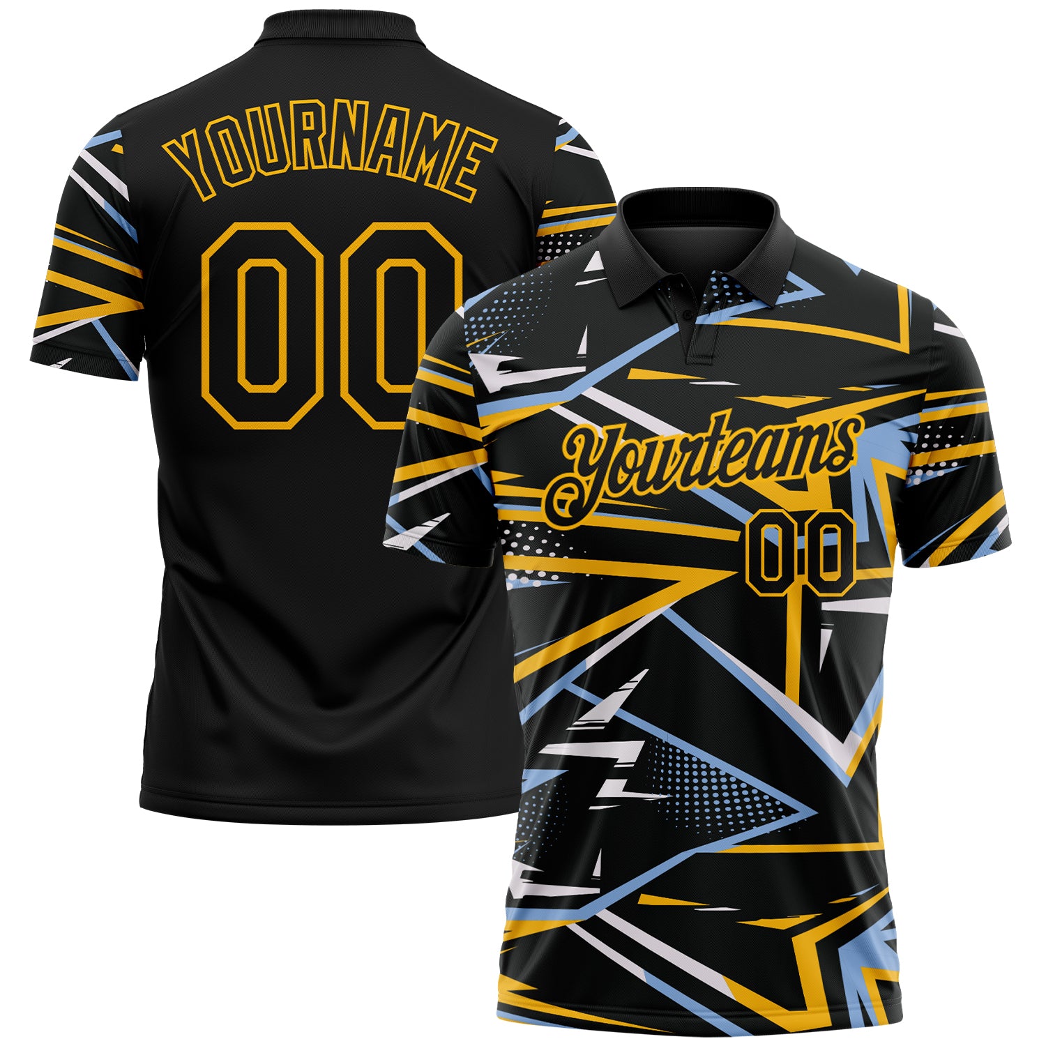 Custom Black Light Blue-Gold Dynamic Geometric Shard Performance Polo Shirt