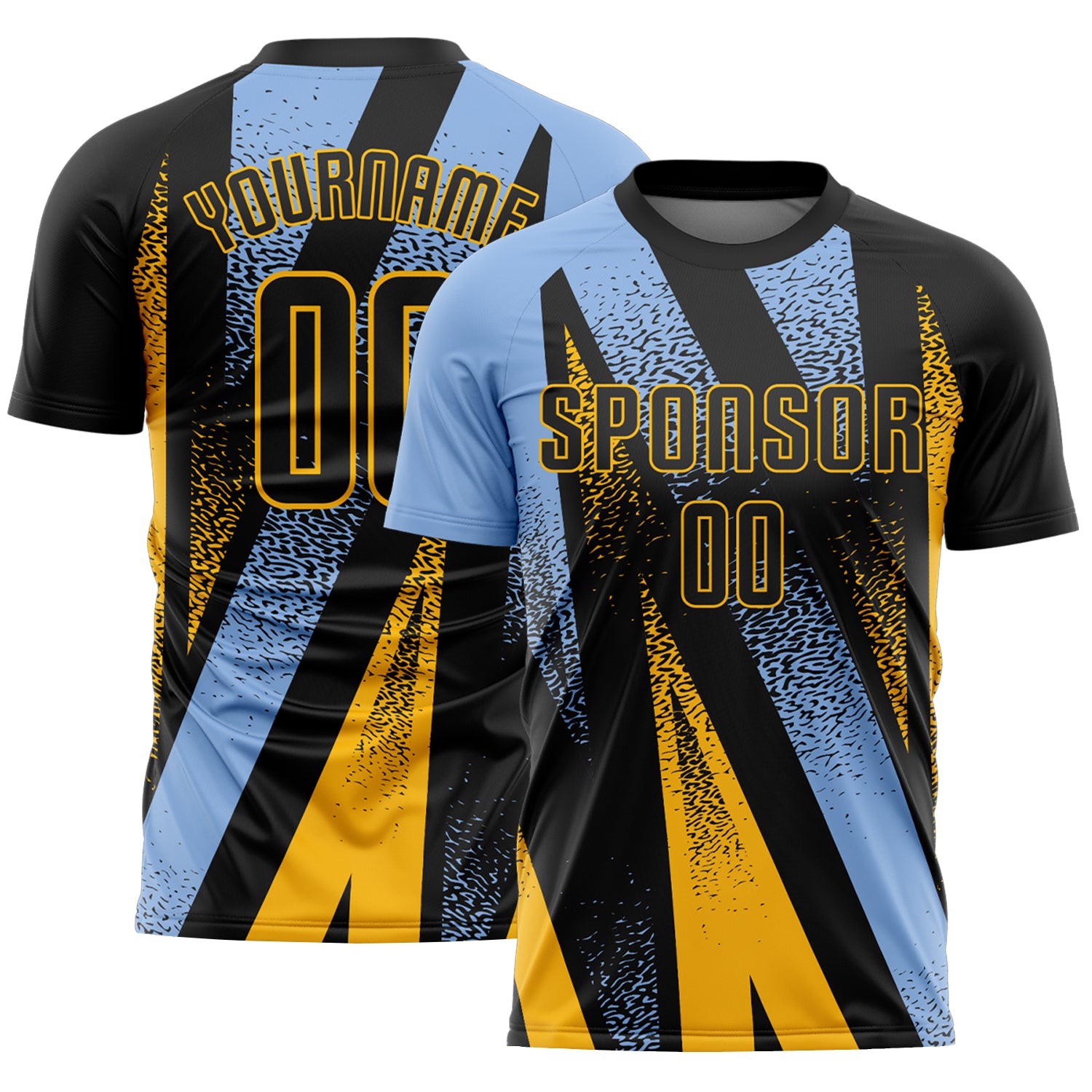 Custom Black Light Blue-Gold Radial Burst Sports Sublimation Soccer Uniform Jersey