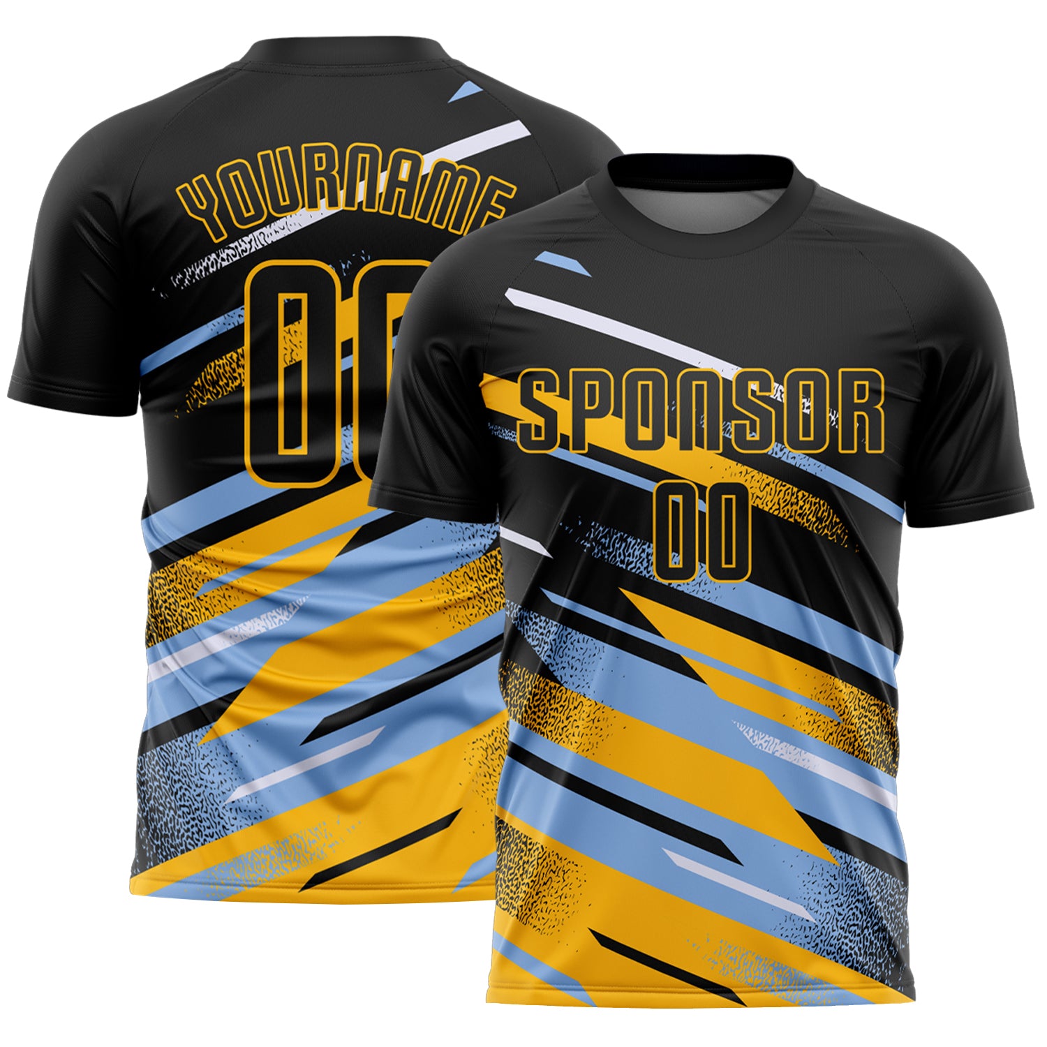 Custom Black Light Blue Gold-White Grunge Stripe And Grainy Sports Sublimation Soccer Uniform Jersey