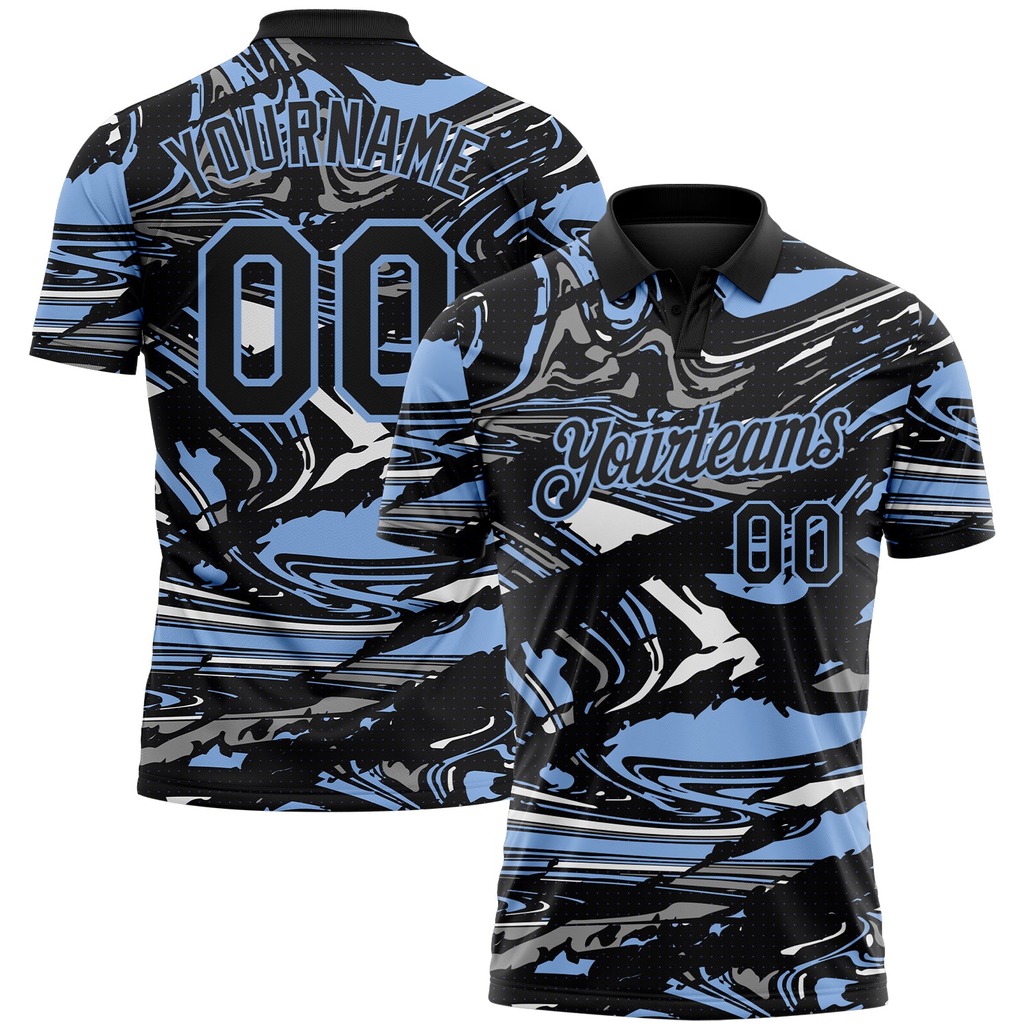 Custom Black Light Blue-Gray 3D Pattern Abstract Fluid Marble Performance Polo Shirt