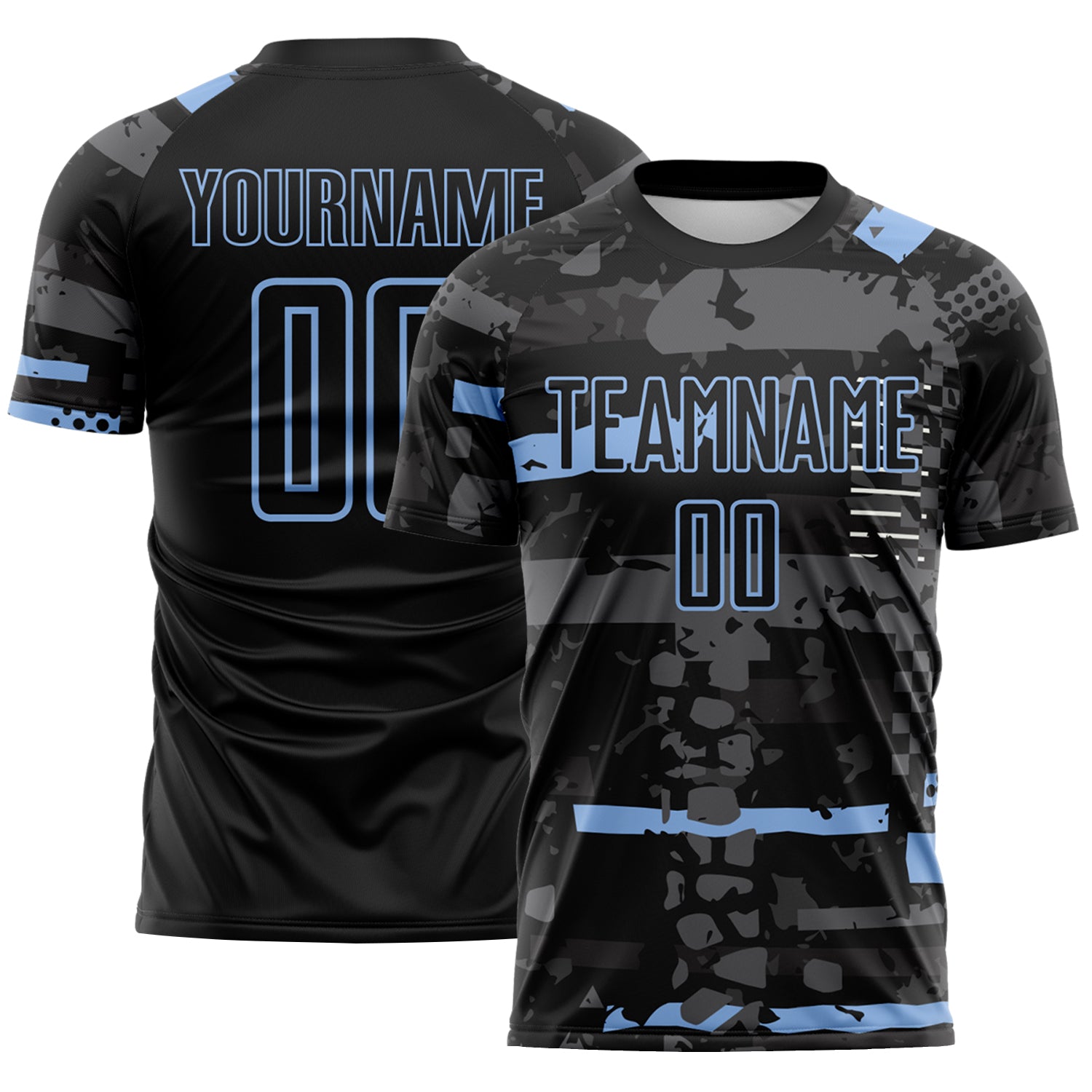 Custom Black Light Blue-Gray Abstract Geometric Stripe Fragment Sublimation Soccer Uniform Jersey
