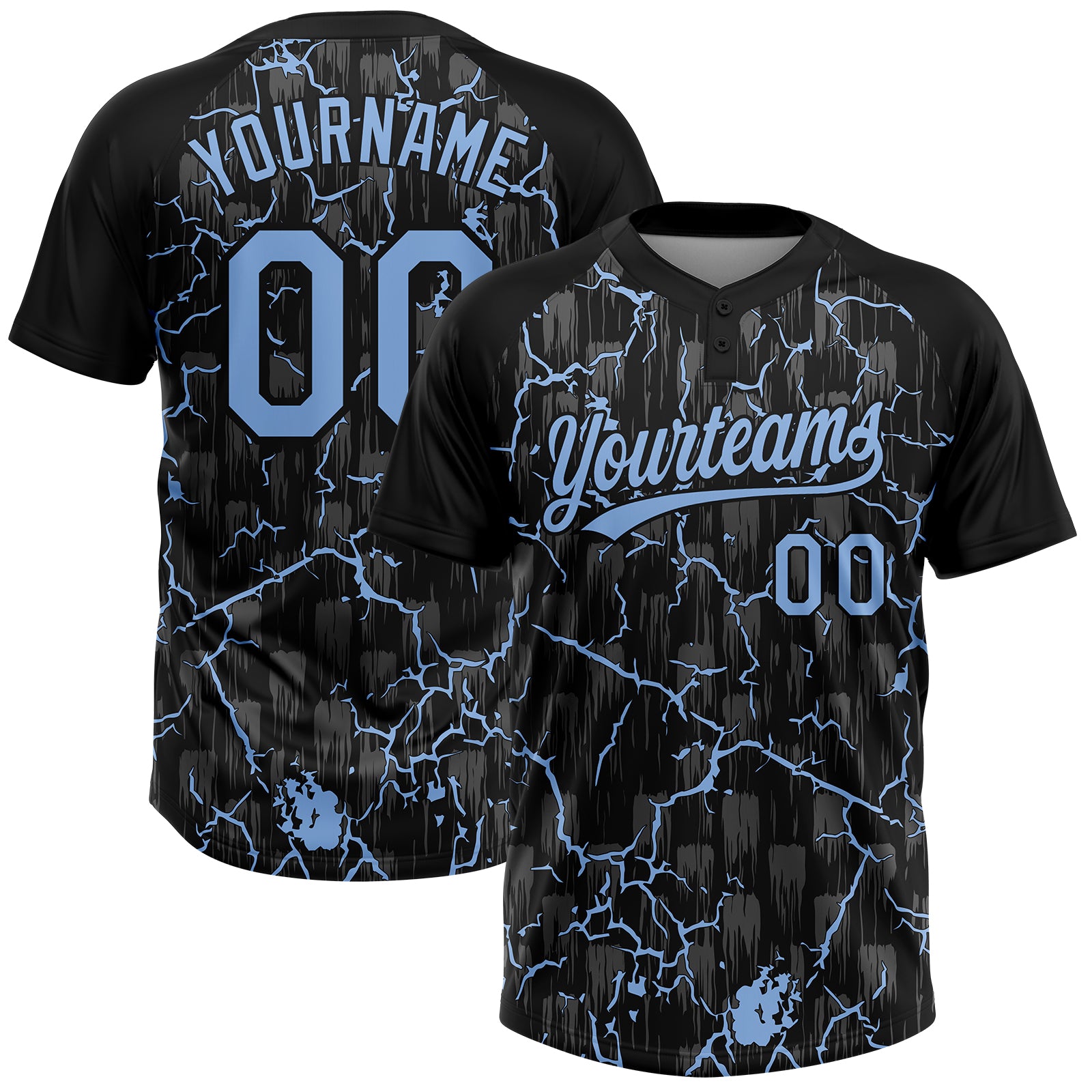 Custom Black Light Blue-Gray Raglan Sleeves Neon Lightning Crackle Two-Button Unisex Softball Jersey