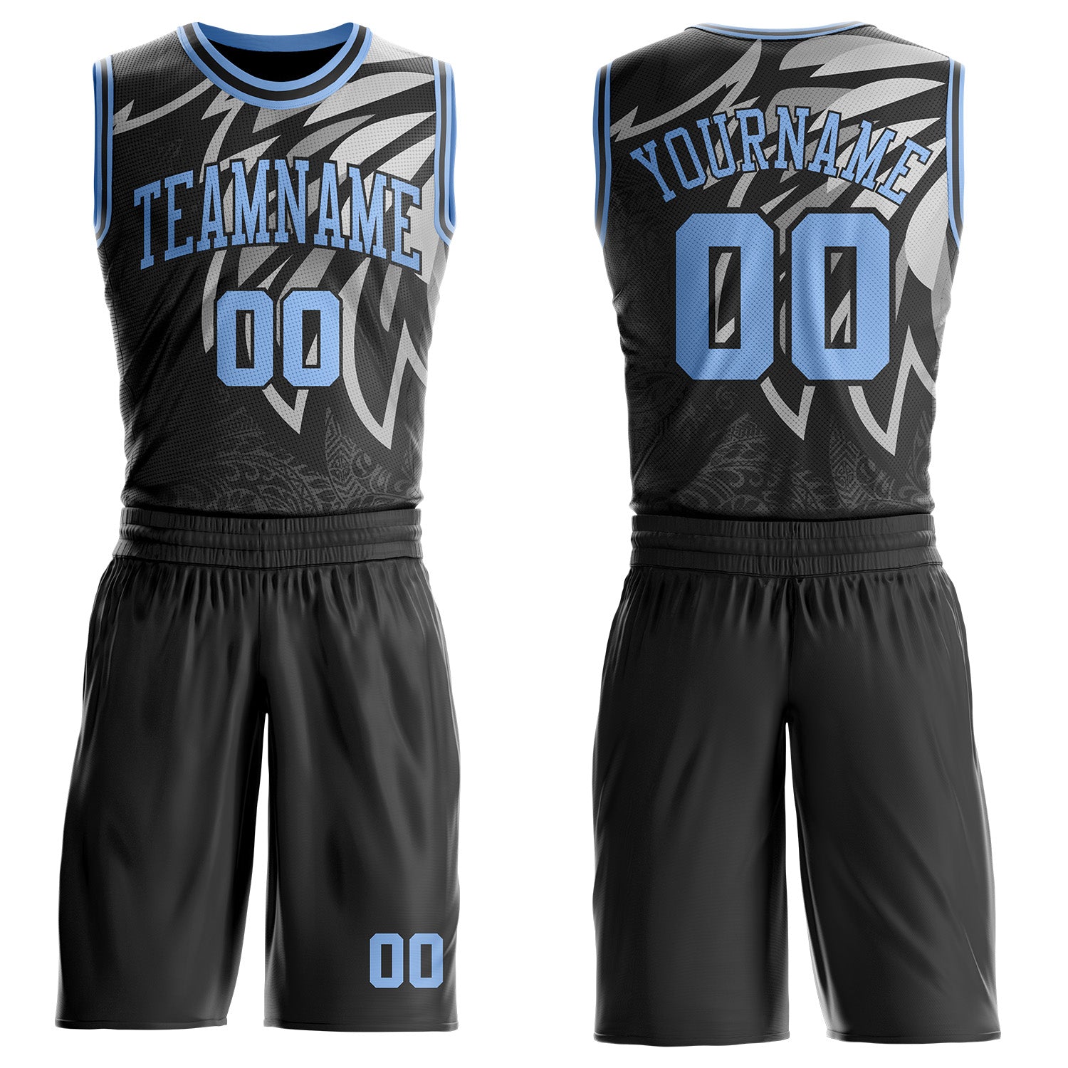 Custom Black Light Blue-Gray Wing Boho Style Round Neck Sublimation Basketball Uniform Jersey