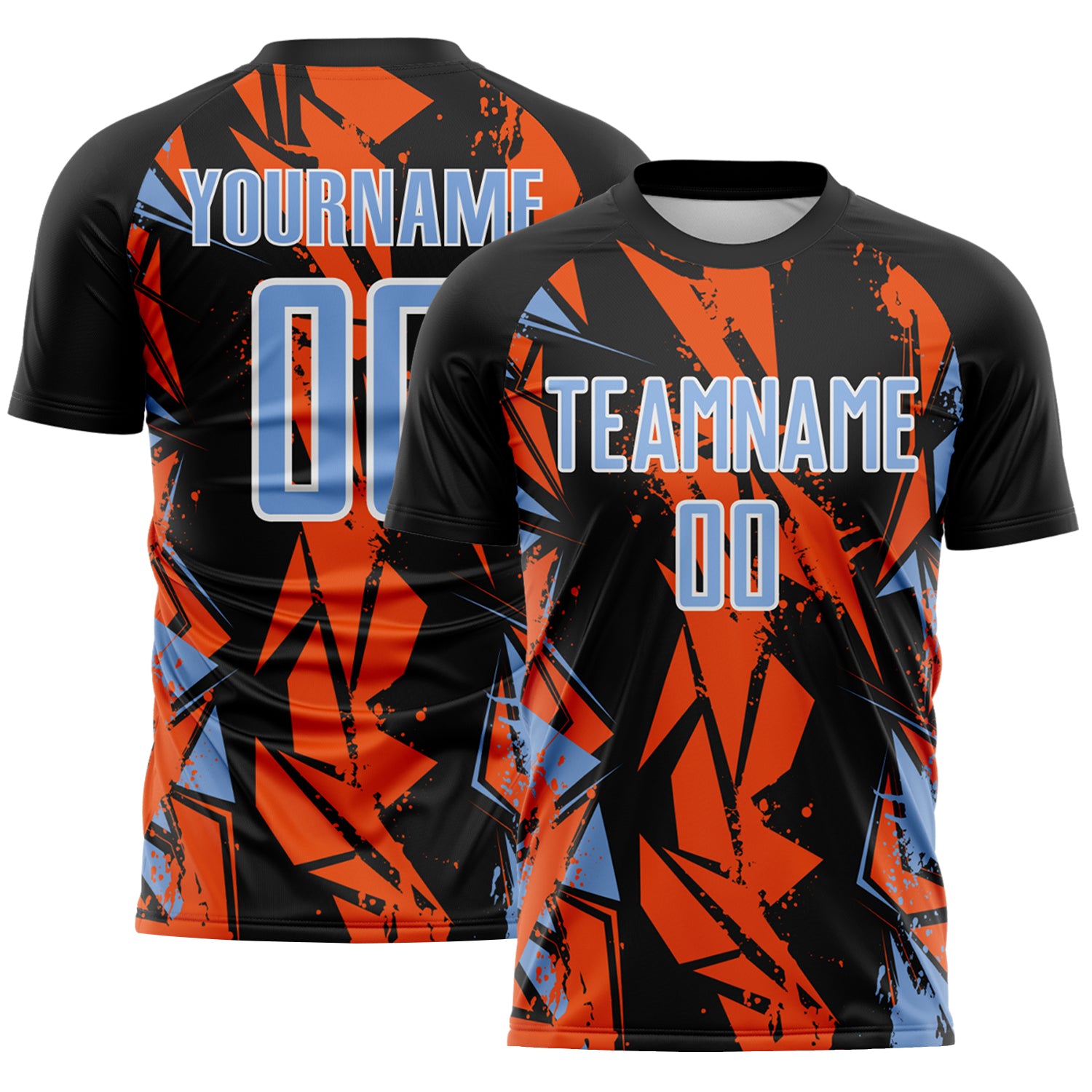 Custom Black Light Blue Orange-White Geometric Shard Grunge Splash Sublimation Soccer Uniform Jersey
