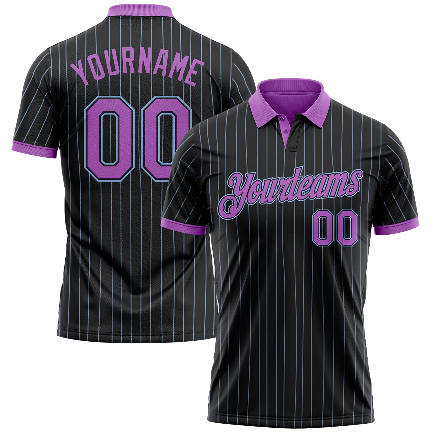 Custom Black Light Blue Pinstripe-Medium Purple Performance Polo Shirt