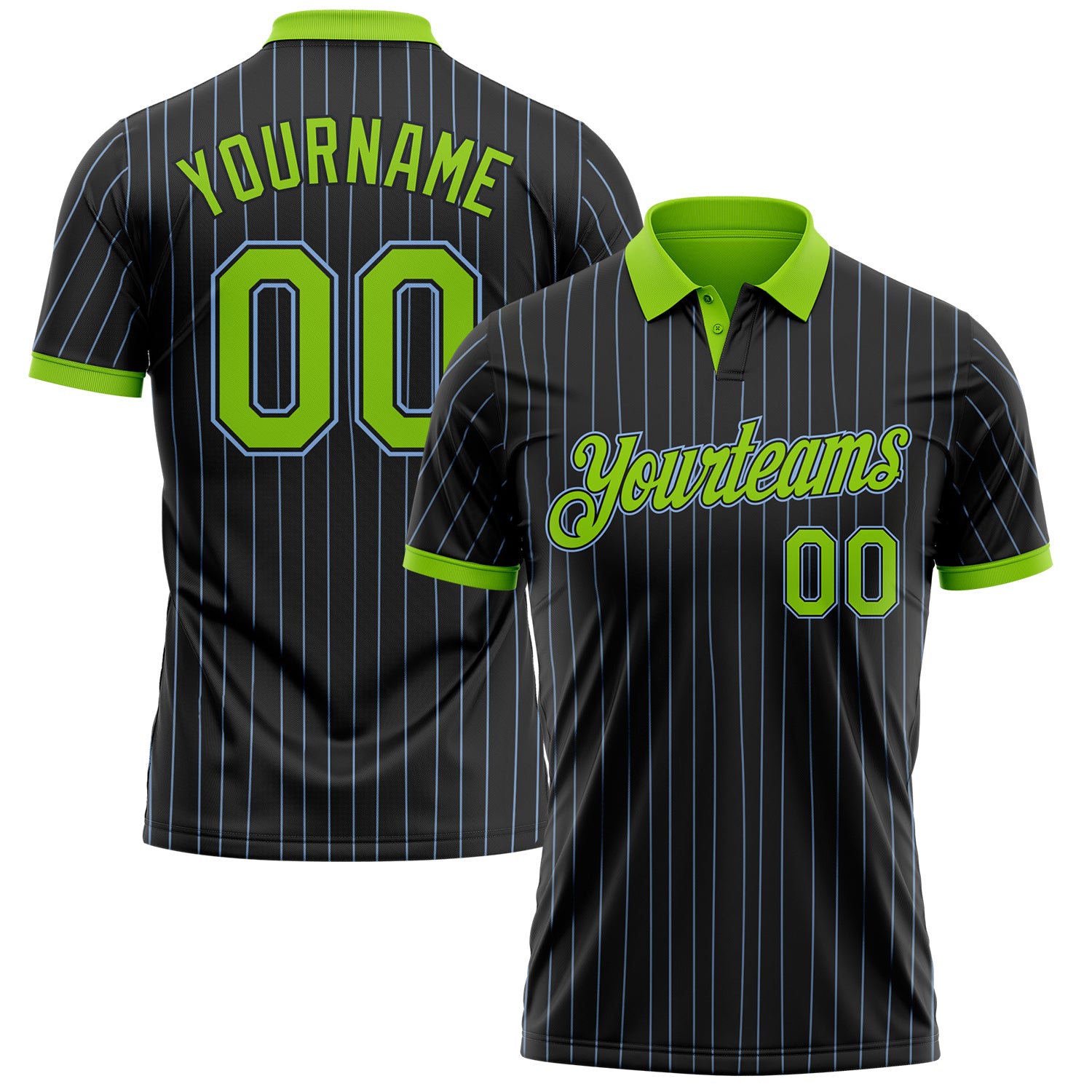 Custom Black Light Blue Pinstripe Neon Green-Light Blue Performance Polo Shirt