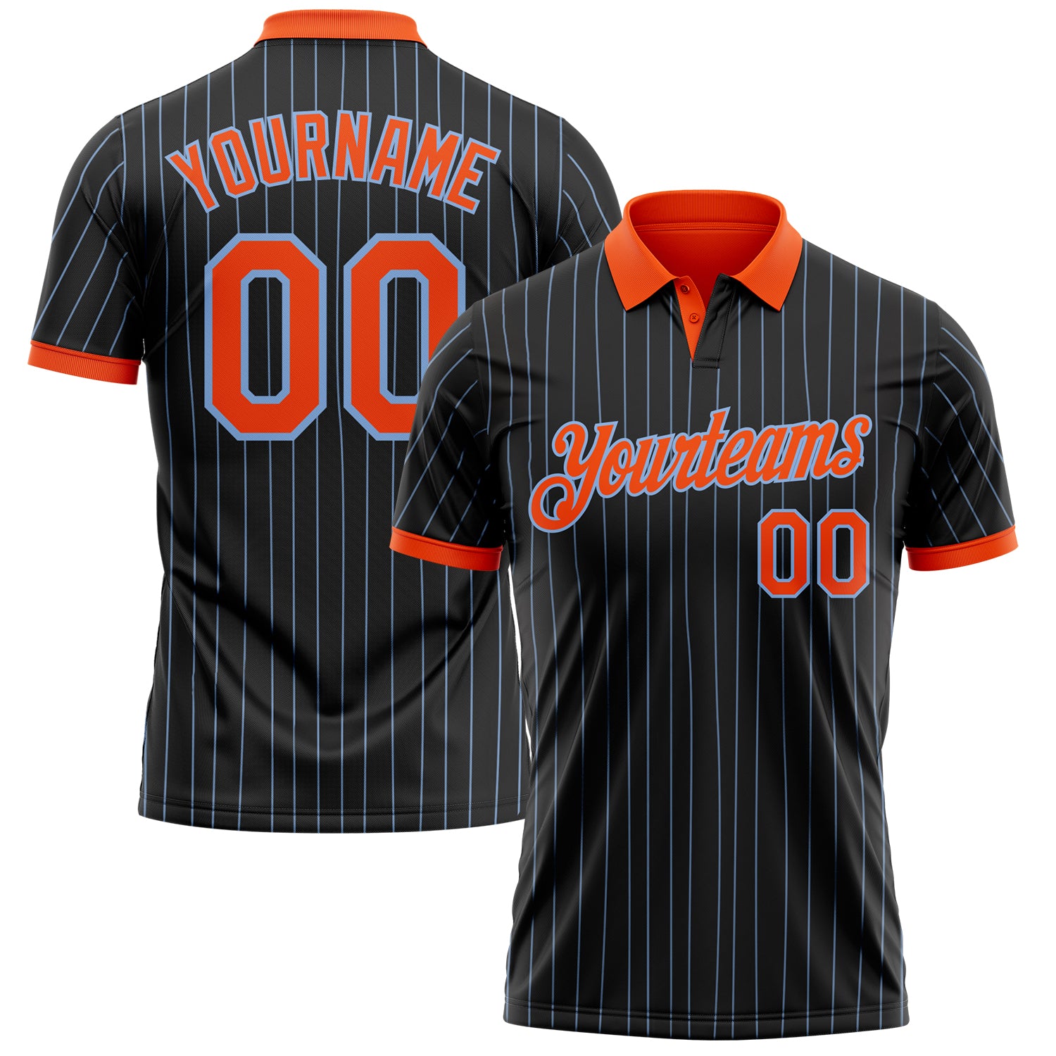 Custom Black Light Blue Pinstripe-Orange Performance Polo Shirt
