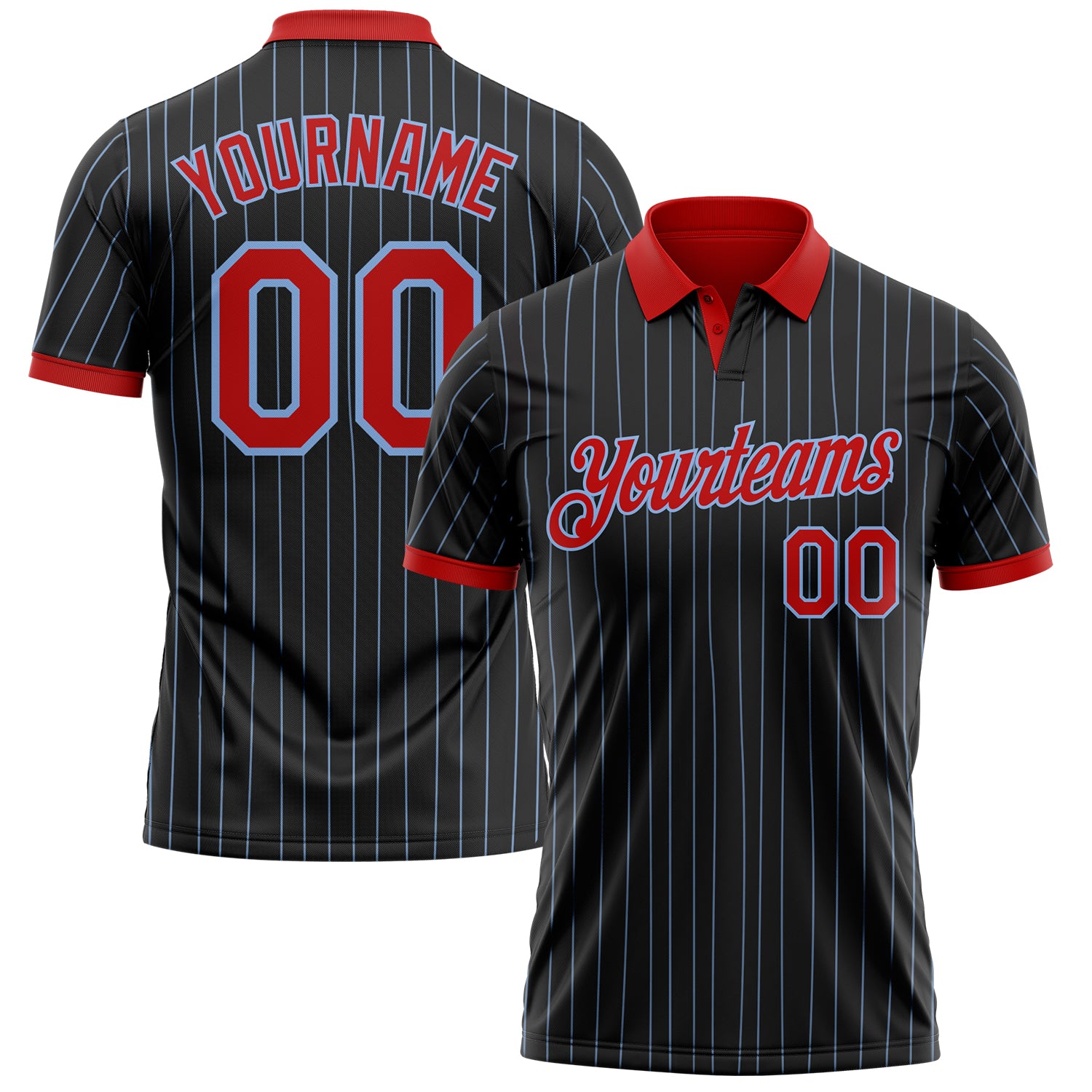 Custom Black Light Blue Pinstripe-Red Performance Polo Shirt