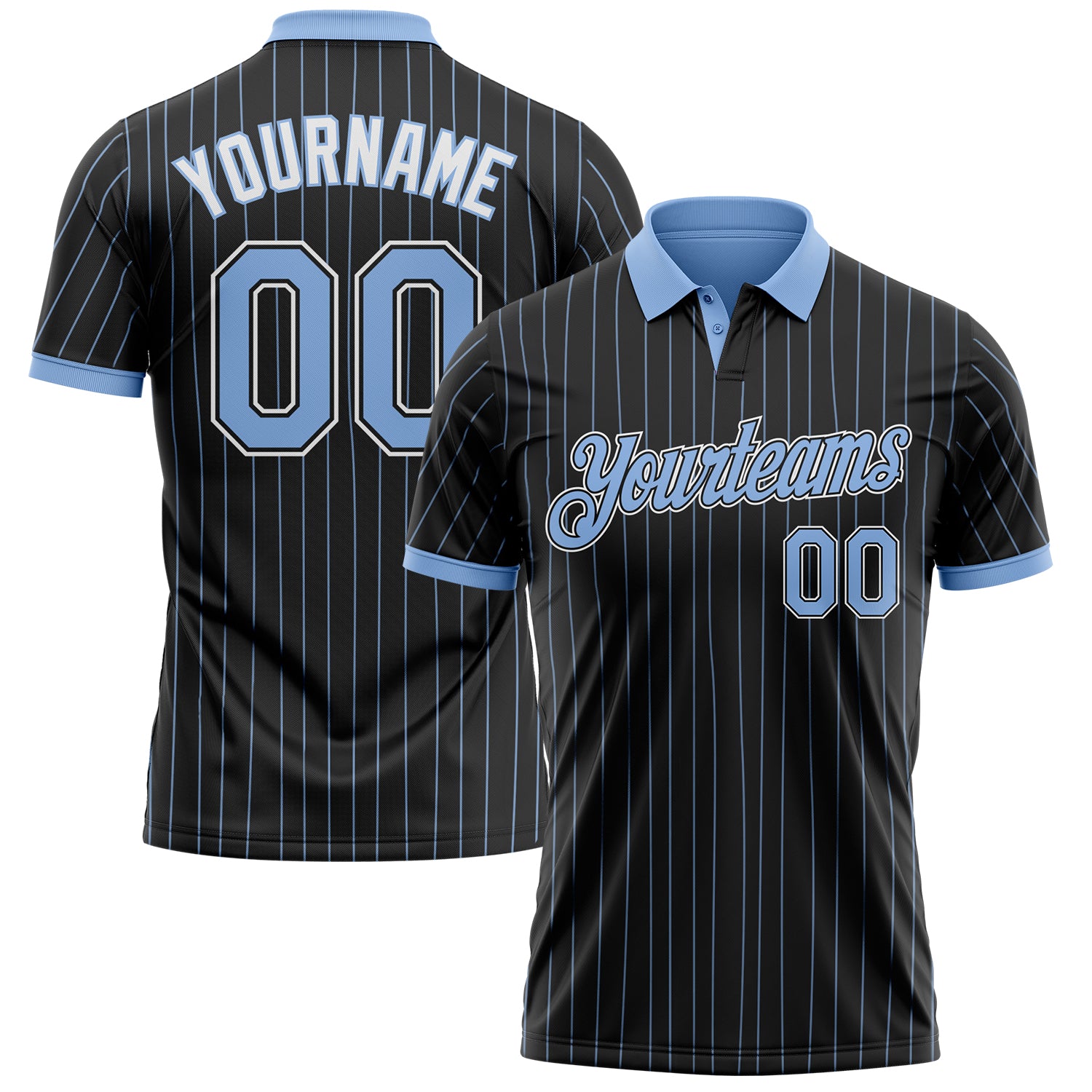 Custom Black Light Blue Pinstripe-White Performance Polo Shirt