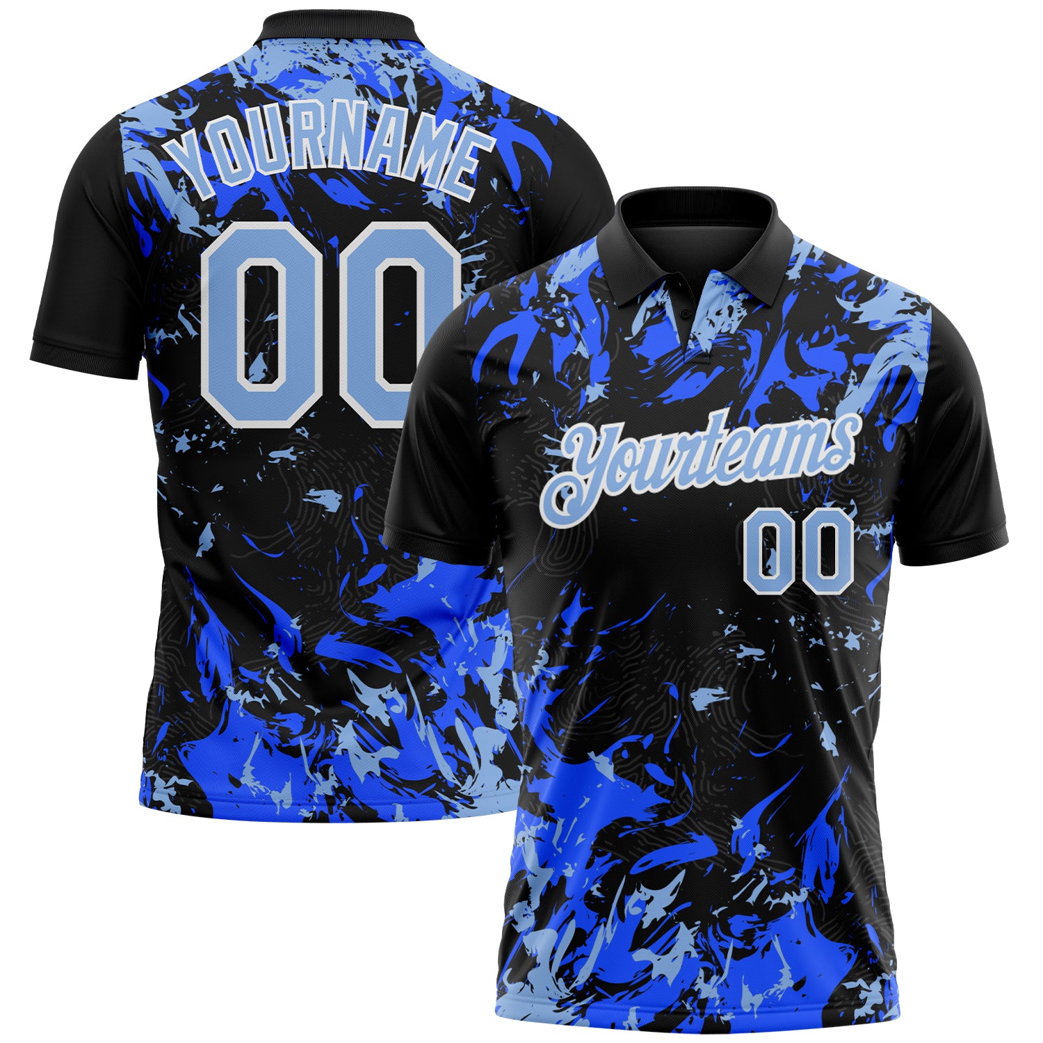 Custom Black Light Blue Royal-White Dynamic Splatter Brush Stroke Performance Polo Shirt