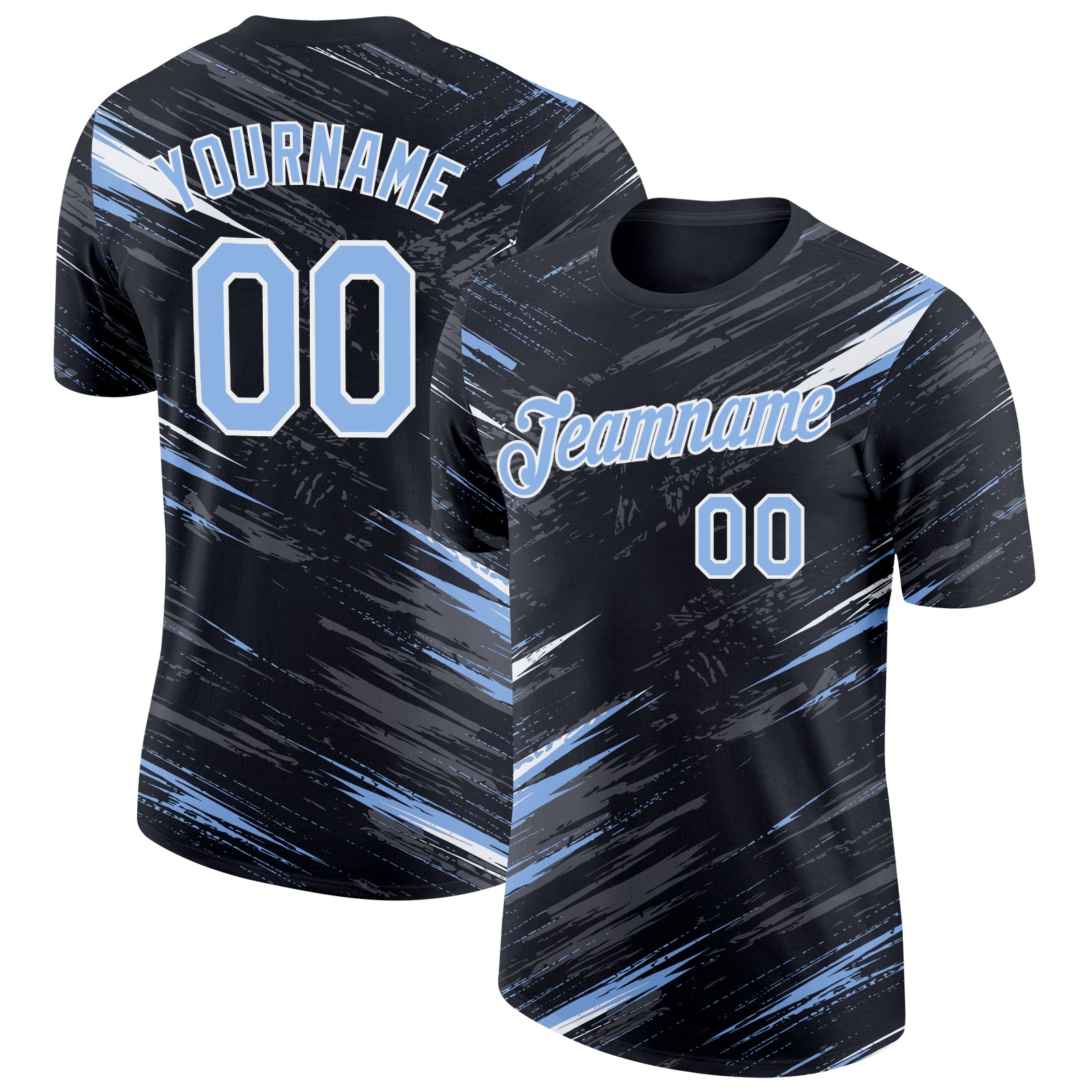 Custom Black Light Blue Steel Gray-White Abstract Brush Stroke Splatter Performance T-Shirt