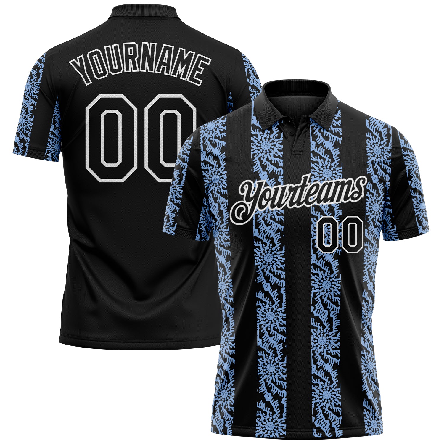 Custom Black Light Blue-White 3D Pattern Abstract Floral Stripe Tribal Performance Polo Shirt