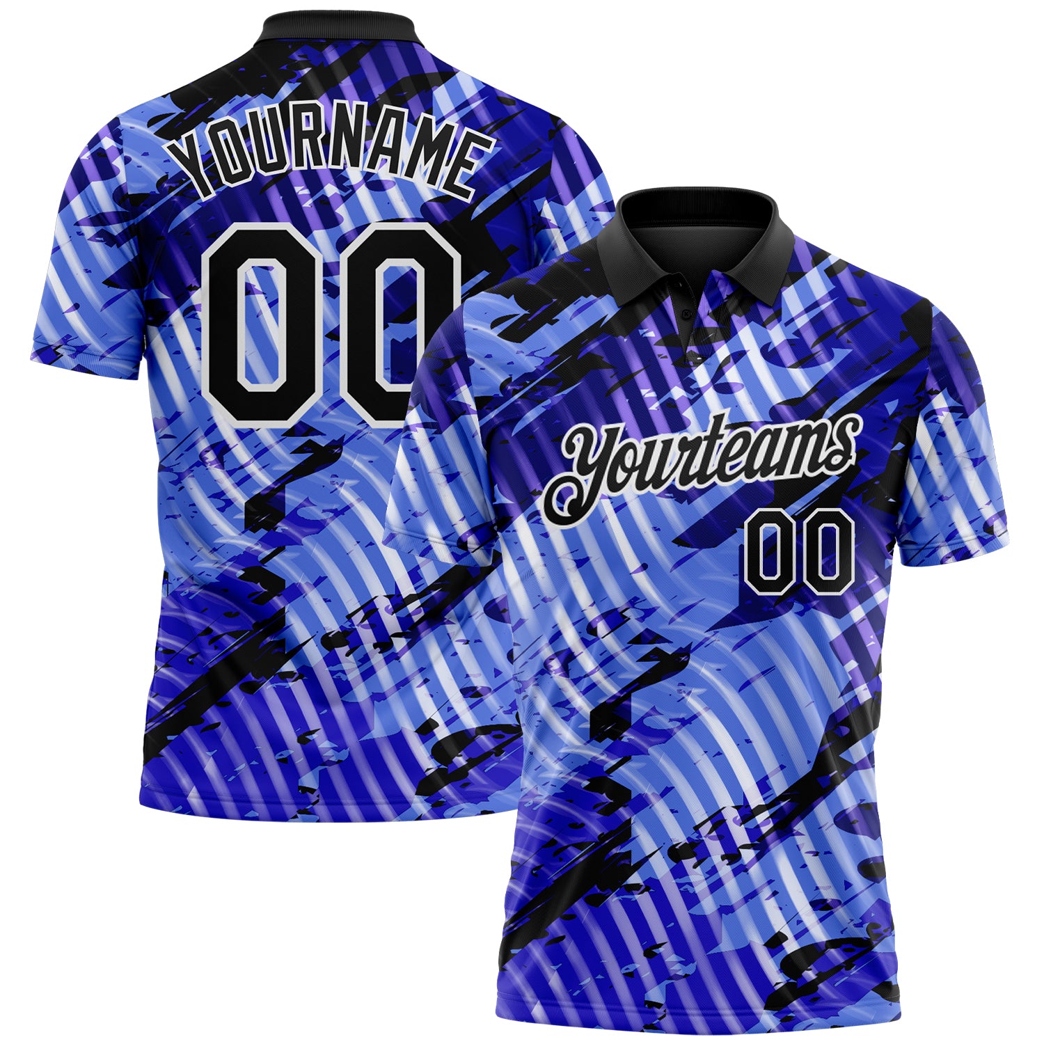 Custom Black Light Blue-White Abstract Grunge Splatter Diagonal Stripe Performance Polo Shirt