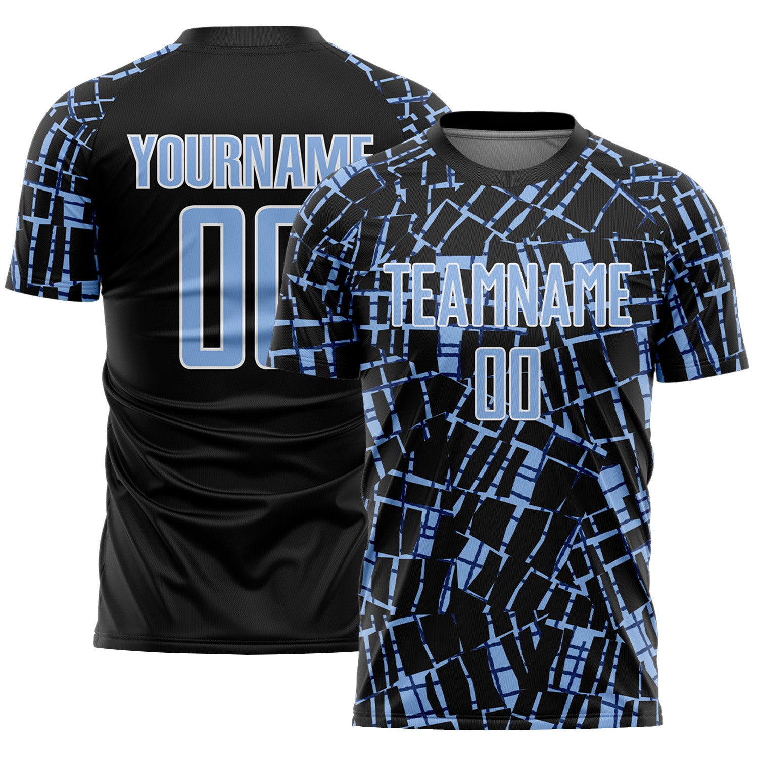 Custom Black Light Blue-White Abstract Line Sports Sublimation Soccer Uniform Jersey