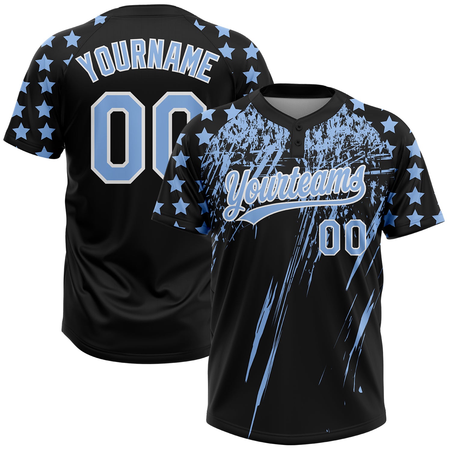 Custom Black Light Blue-White Distressed Scratch Brush Stroke Star Raglan Sleeves Two-Button Unisex Softball Jersey