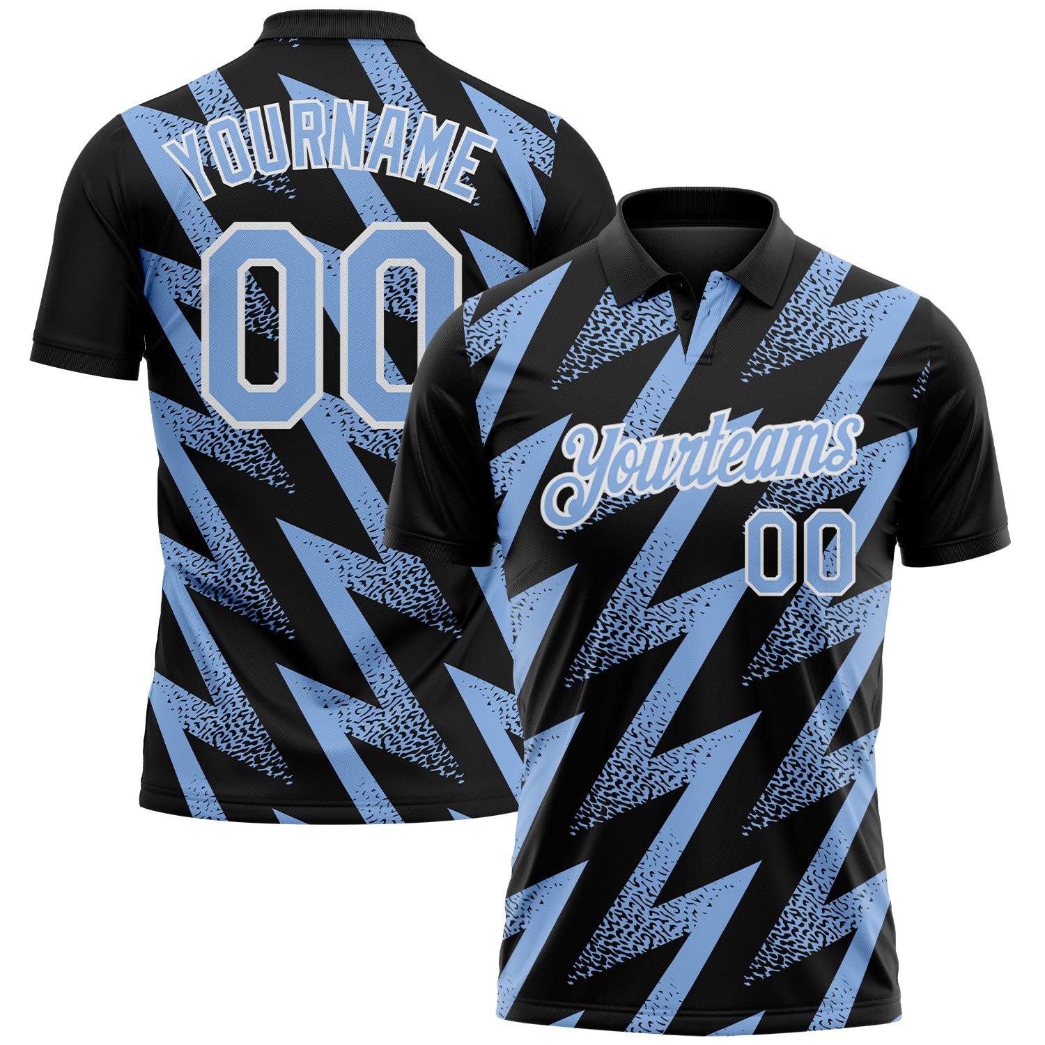 Custom Black Light Blue-White Geometric Zigzag Shape Lightning Performance Polo Shirt