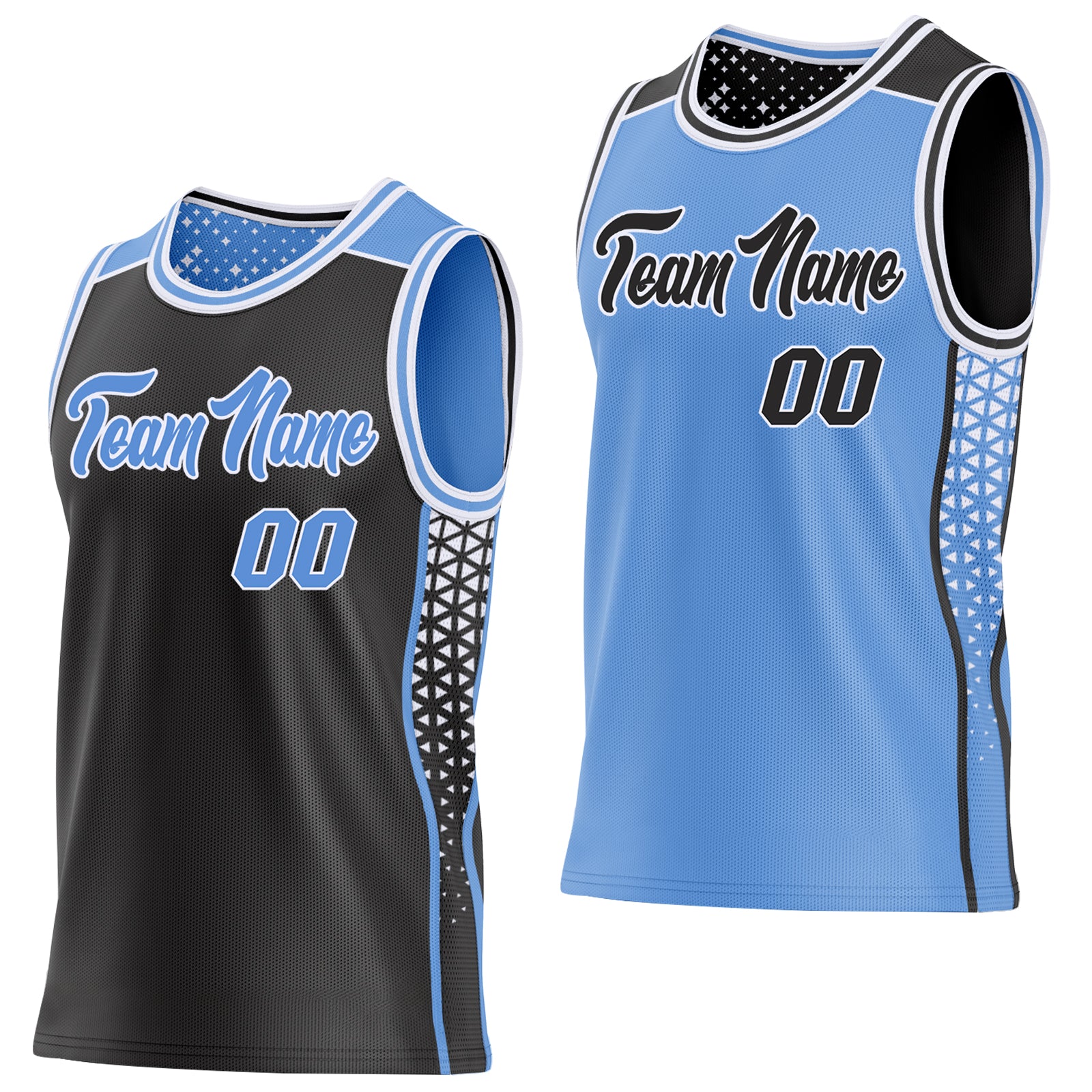 Custom Black Light Blue-White Side Panel Stripe Geometric Triangle Gradient Dot Reversible Double Side Sublimation Basketball Set Jersey