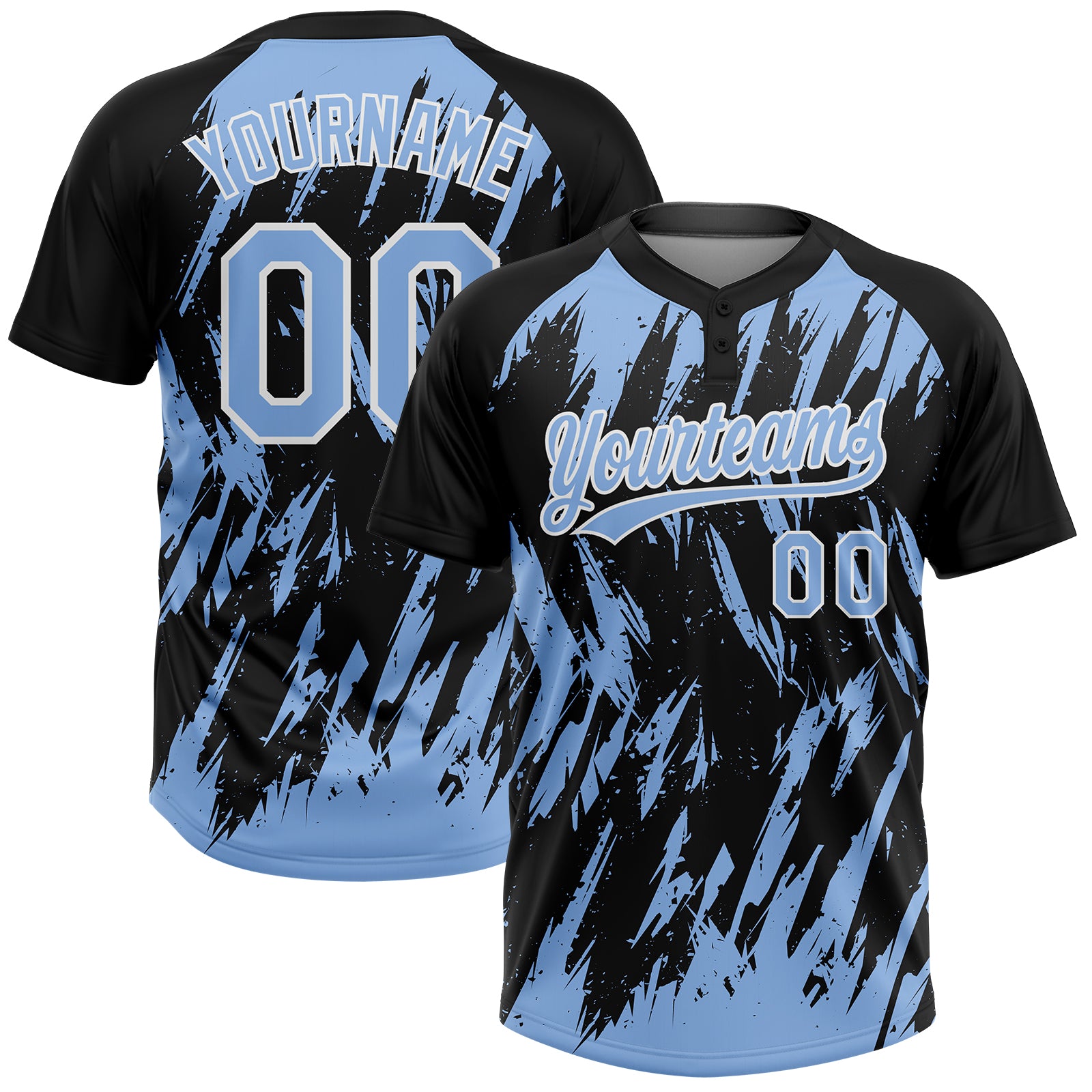 Custom Black Light Blue-White Splatter Torn Sharp Brush Stroke Two-Button Unisex Softball Jersey