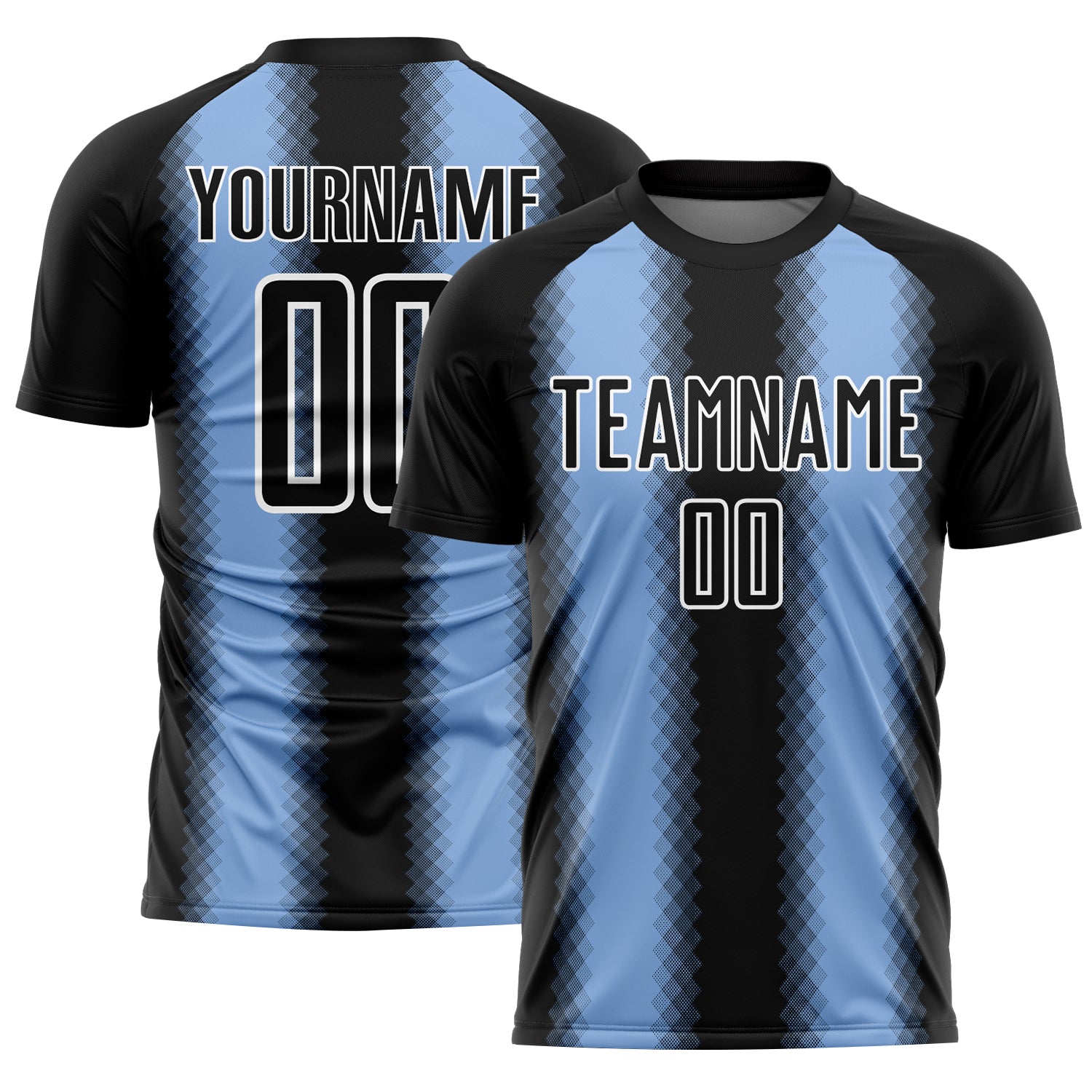 Custom Black Light Blue-White Zigzag Diamond Stripe Sports Sublimation Soccer Uniform Jersey