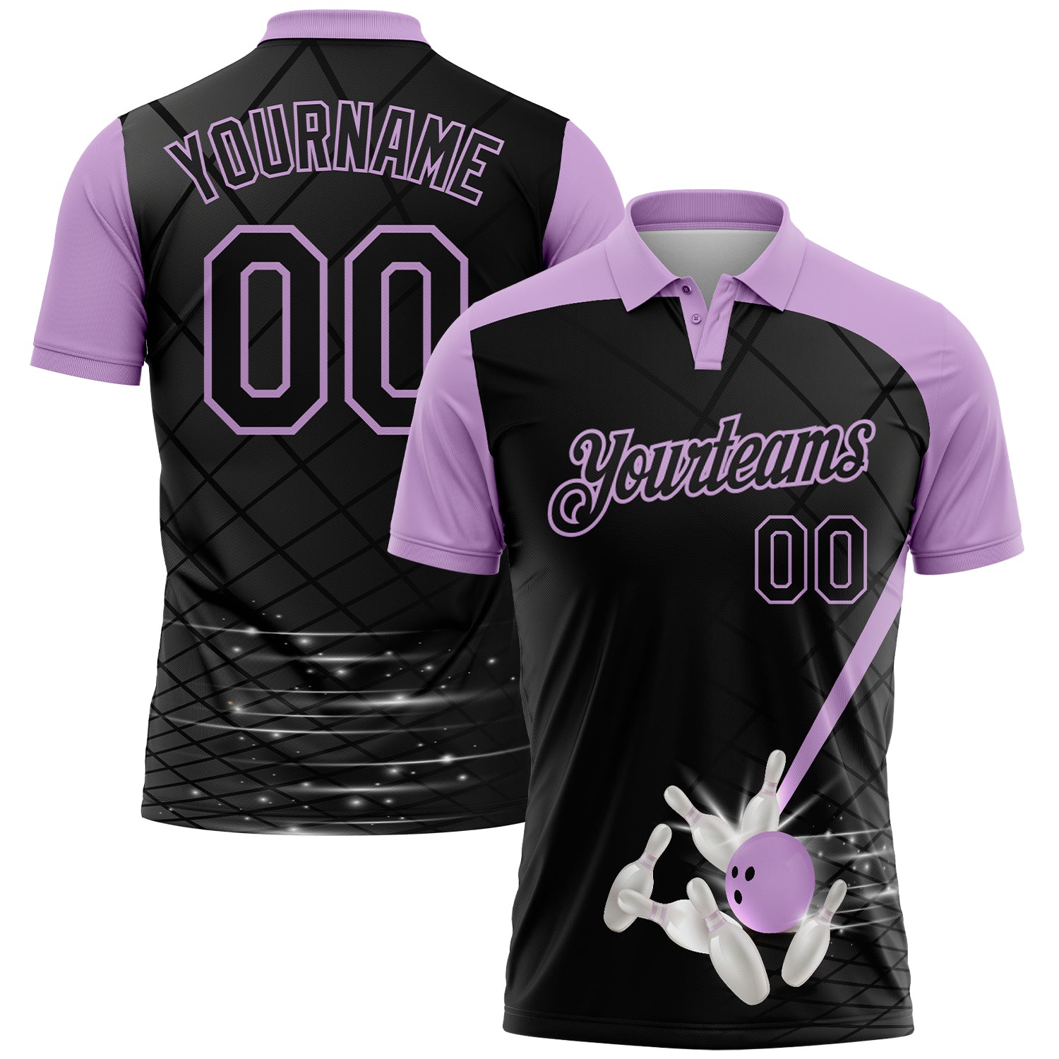 Custom Black-Light Purple Bowling Geometric Grid Performance Polo Shirt