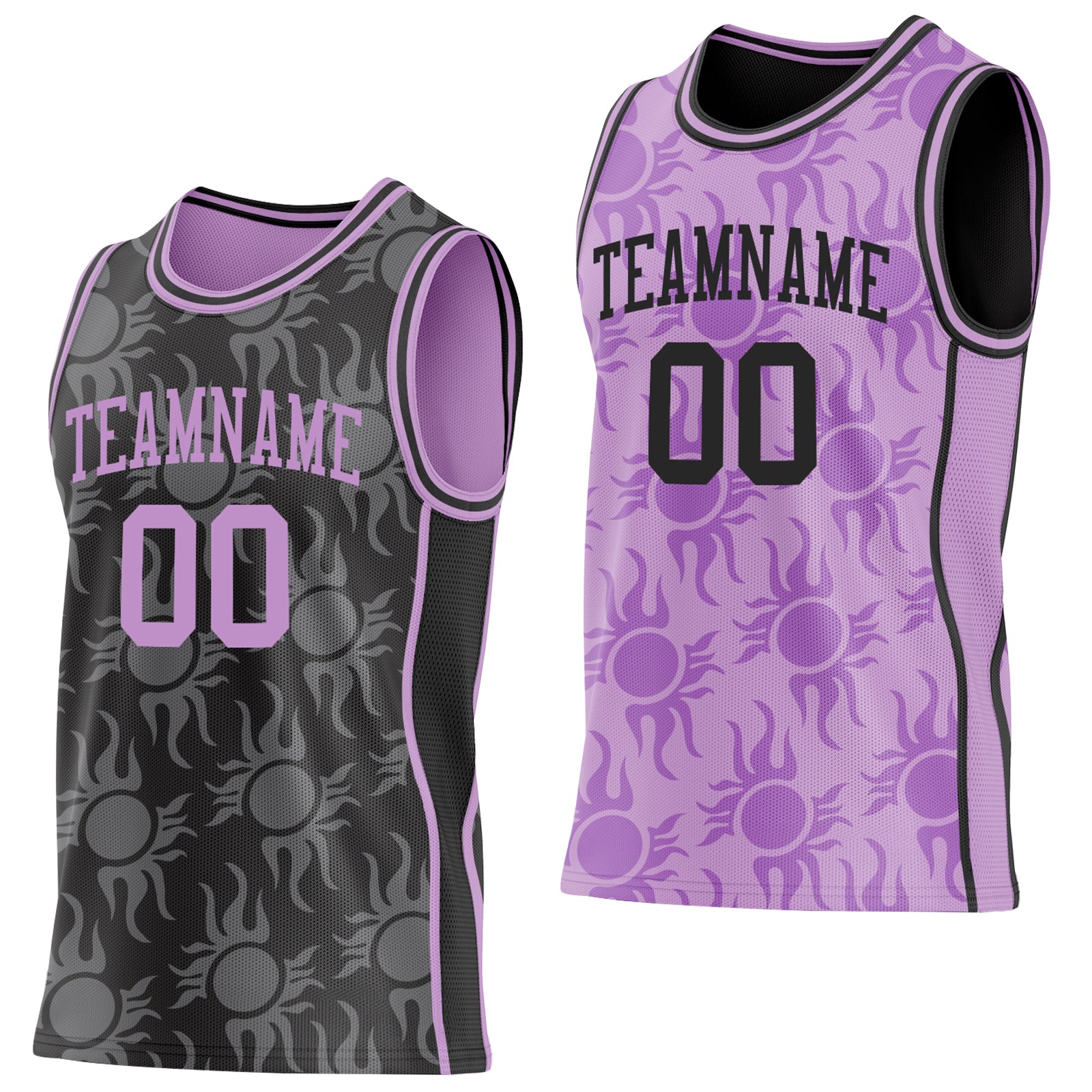 Custom Black-Light Purple Side Panel Stripe Sun Flame Reversible Double Side Sublimation Basketball Set Jersey