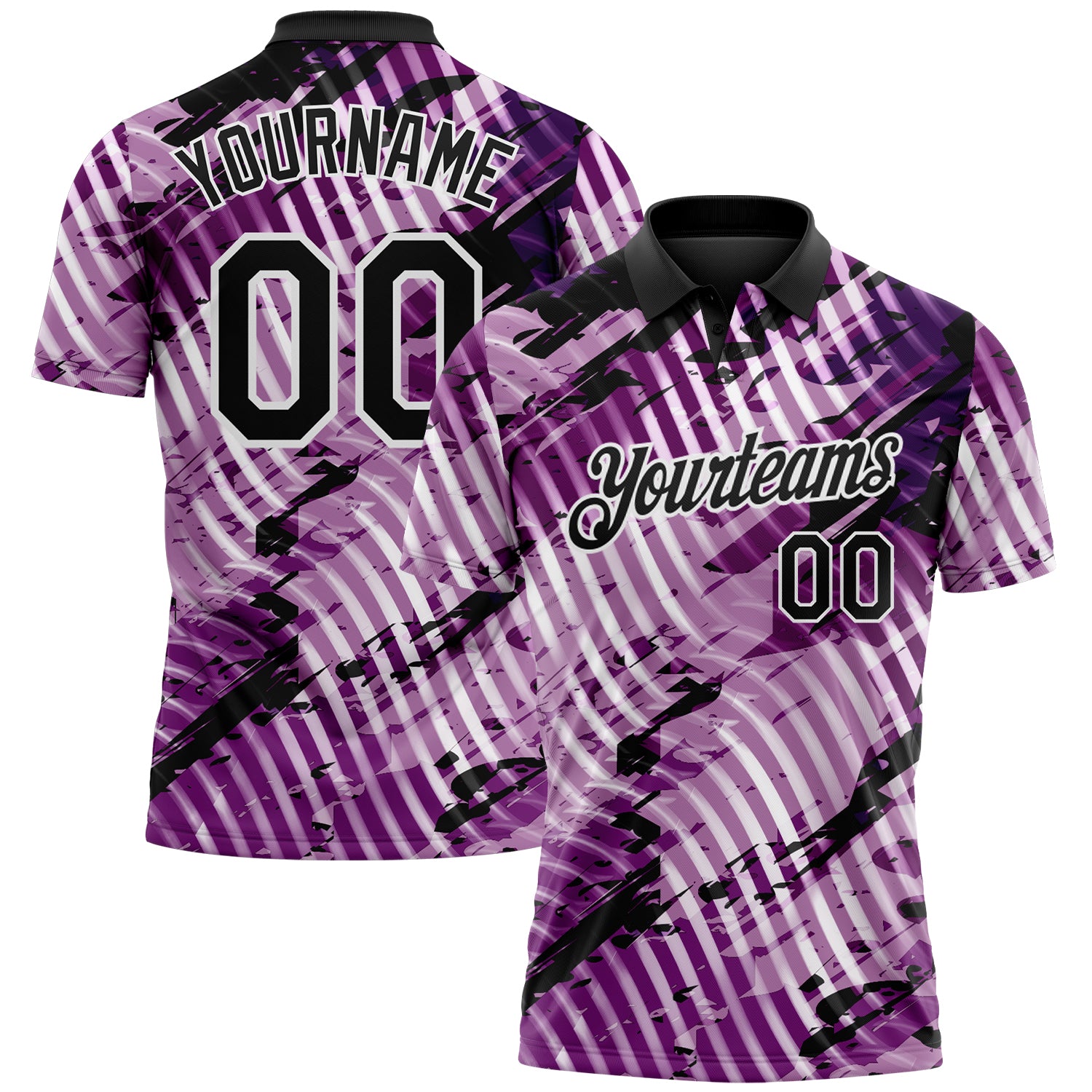 Custom Black Light Purple-White Abstract Grunge Splatter Diagonal Stripe Performance Polo Shirt