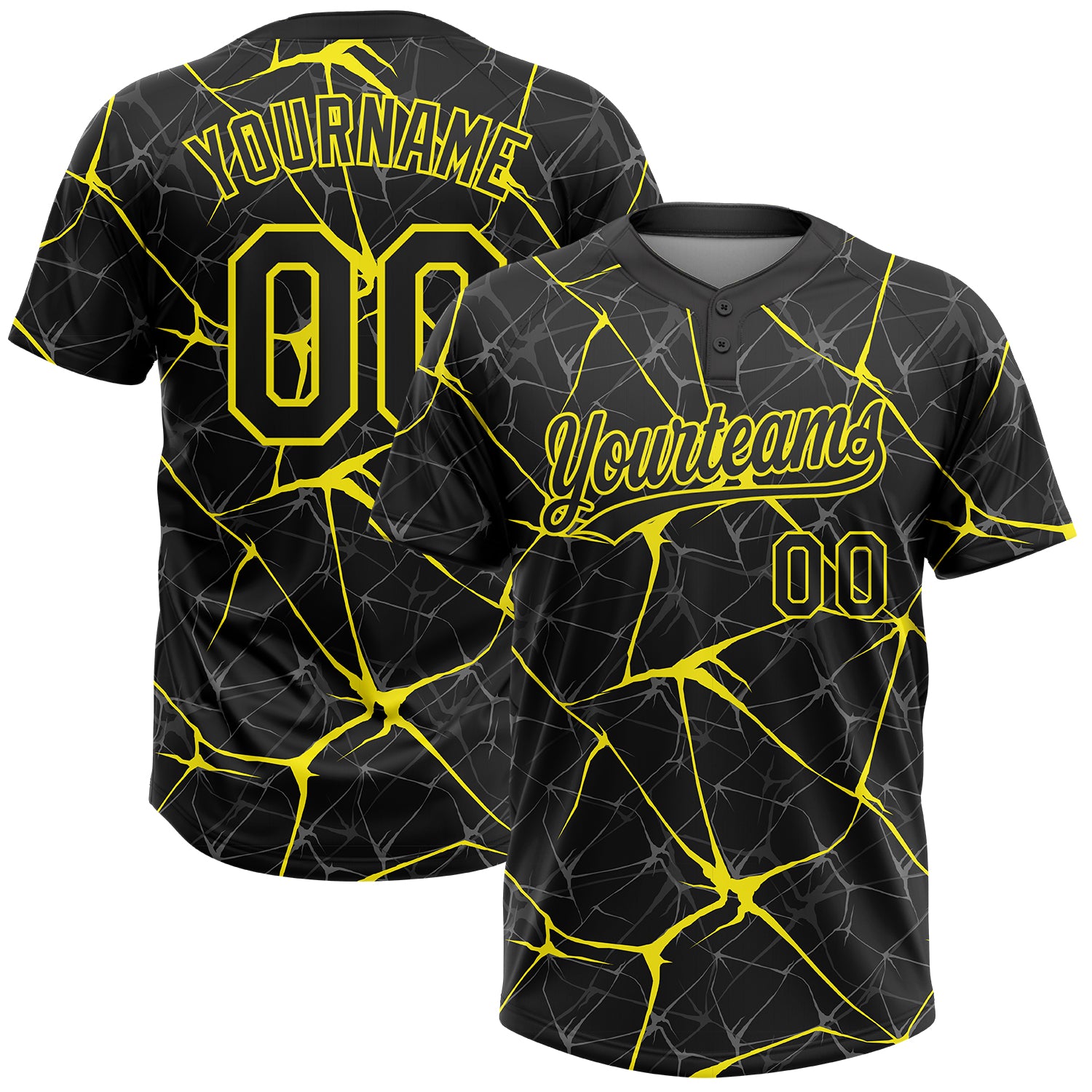 Custom Black Light Yellow 3D Pattern Design Abstract Network Two-Button Unisex Softball Jersey