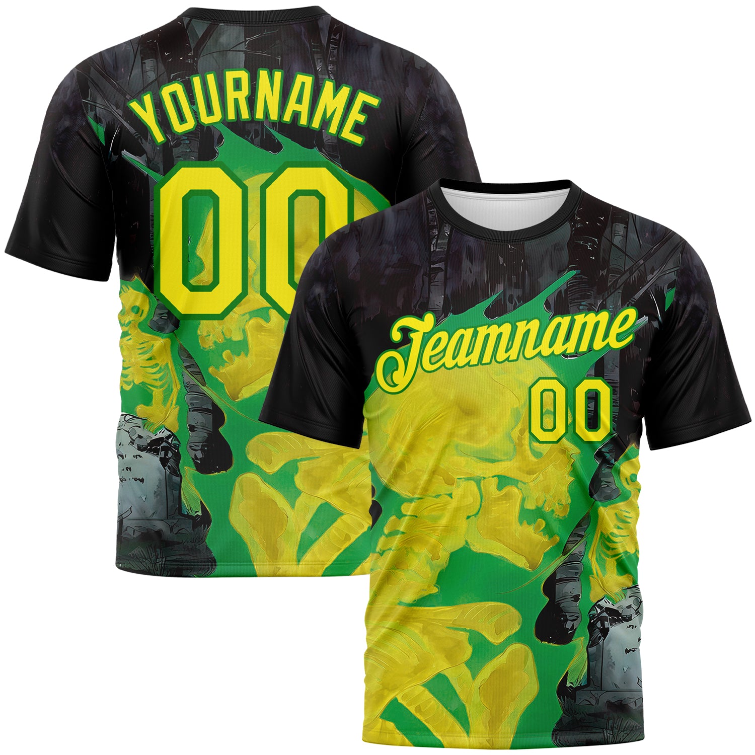 Custom Black Light Yellow-Grass Green Skull Gothic Distressed Grunge Performance T-Shirt