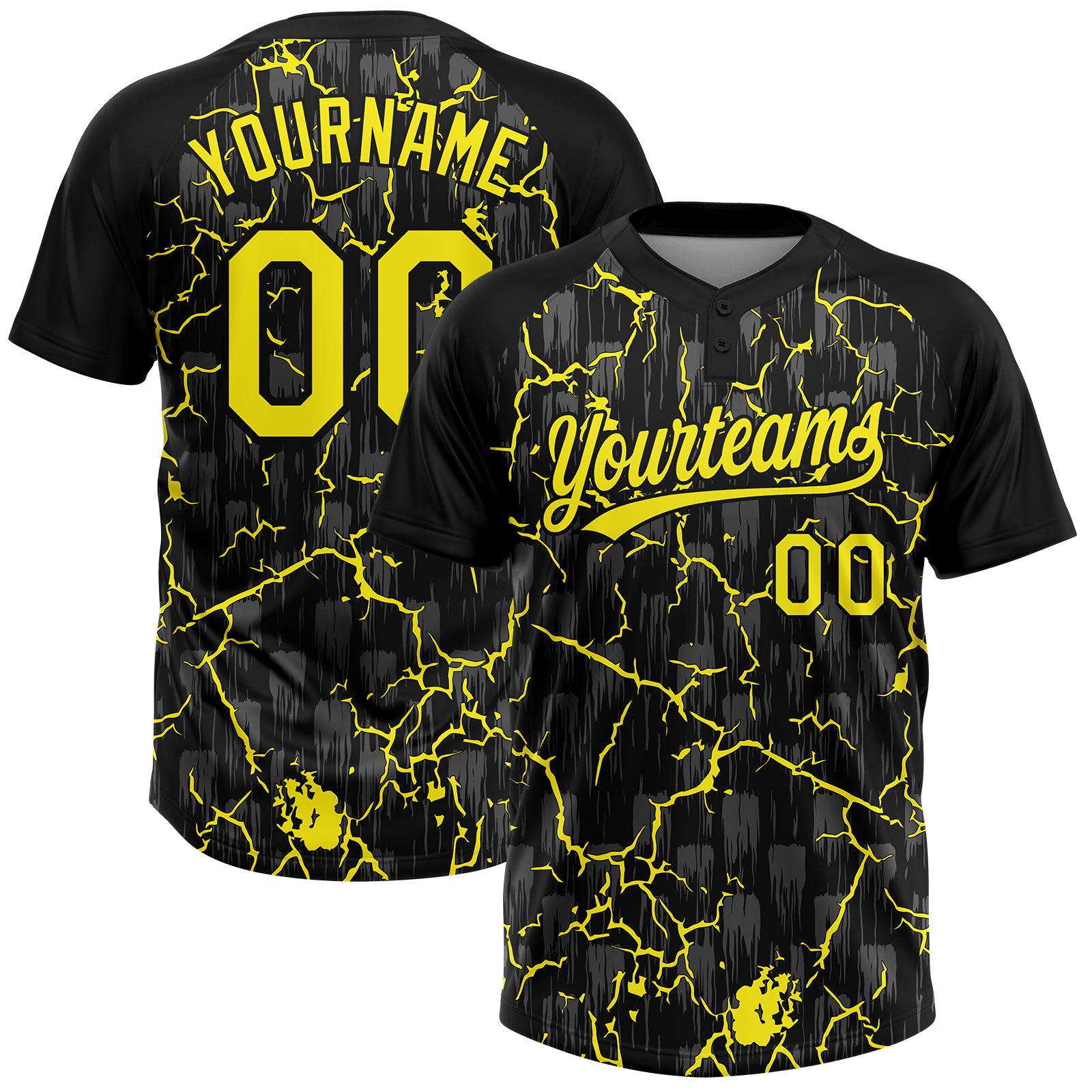 Custom Black Light Yellow-Gray Raglan Sleeves Neon Lightning Crackle Two-Button Unisex Softball Jersey
