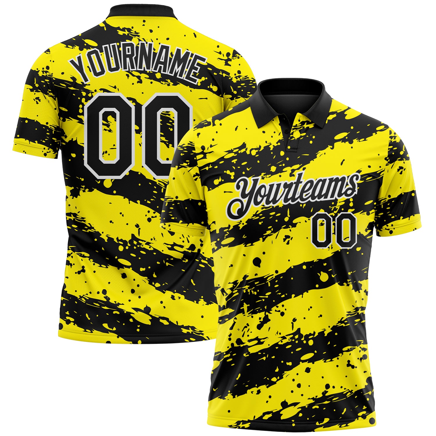 Custom Black Light Yellow-White Paint Splash Stripe Performance Polo Shirt