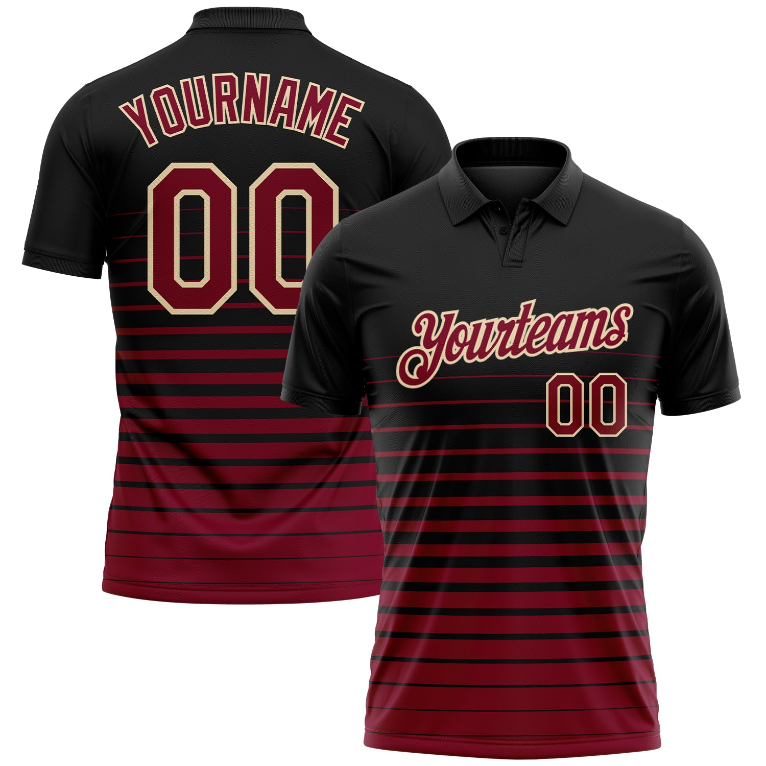 Custom Black Maroon-Cream Horizontal Gradient Stripe Performance Polo Shirt