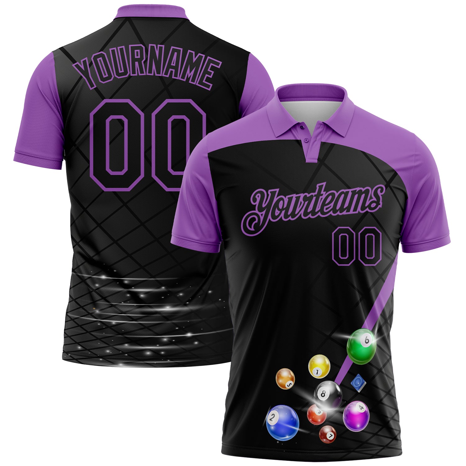 Custom Black-Medium Purple Billiard Balls Performance Polo Shirt