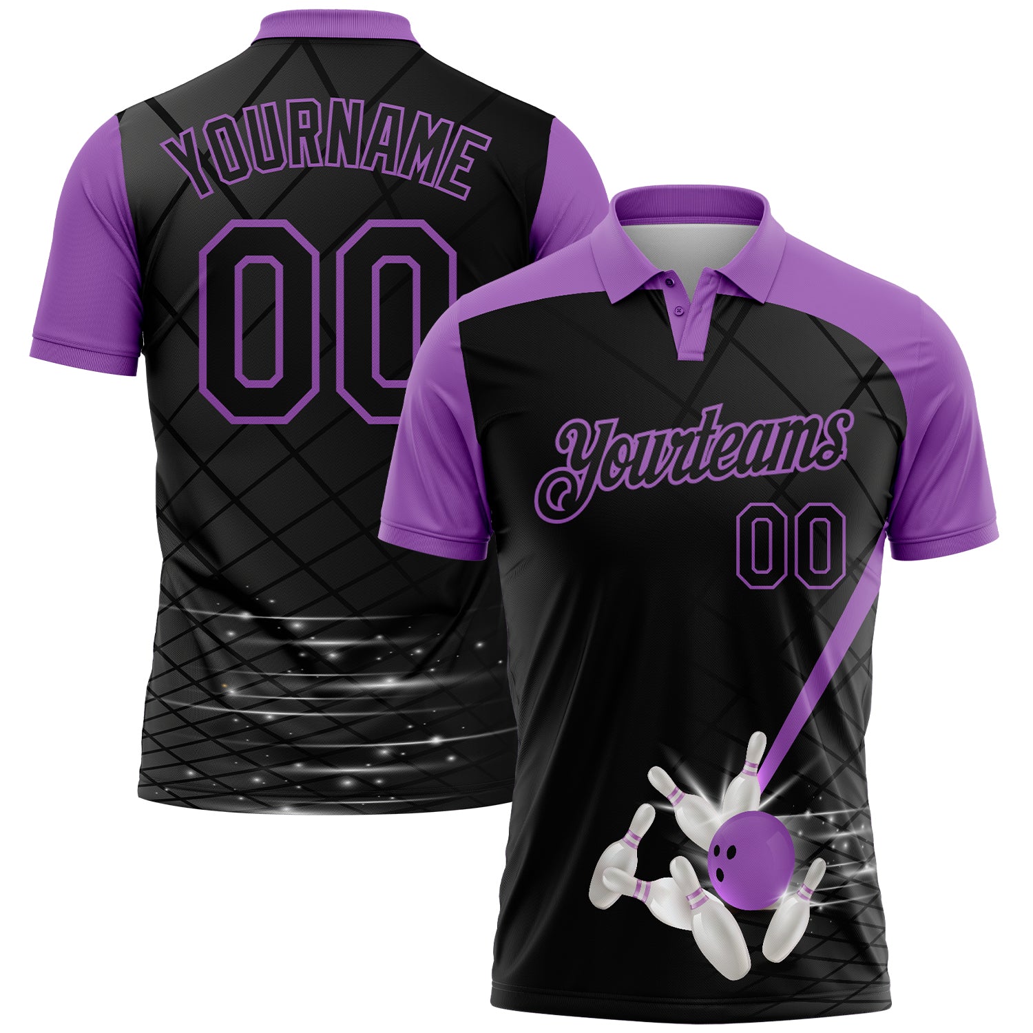 Custom Black-Medium Purple Bowling Geometric Grid Performance Polo Shirt