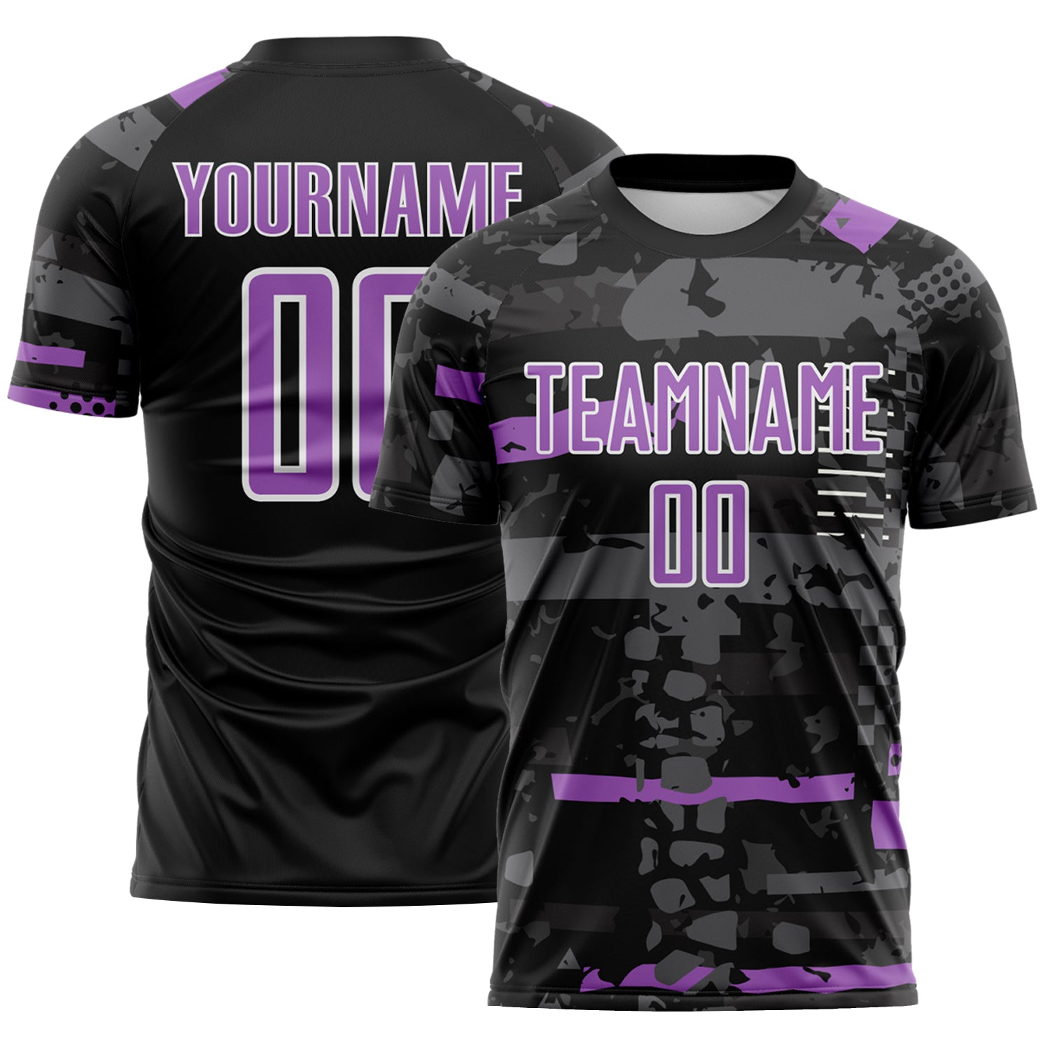Custom Black Medium Purple Gray-White Abstract Geometric Stripe Fragment Sublimation Soccer Uniform Jersey