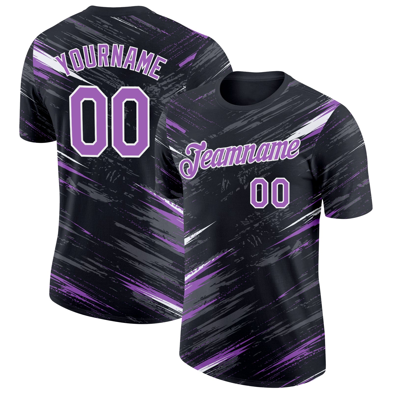 Custom Black Medium Purple Steel Gray-White Abstract Brush Stroke Splatter Performance T-Shirt
