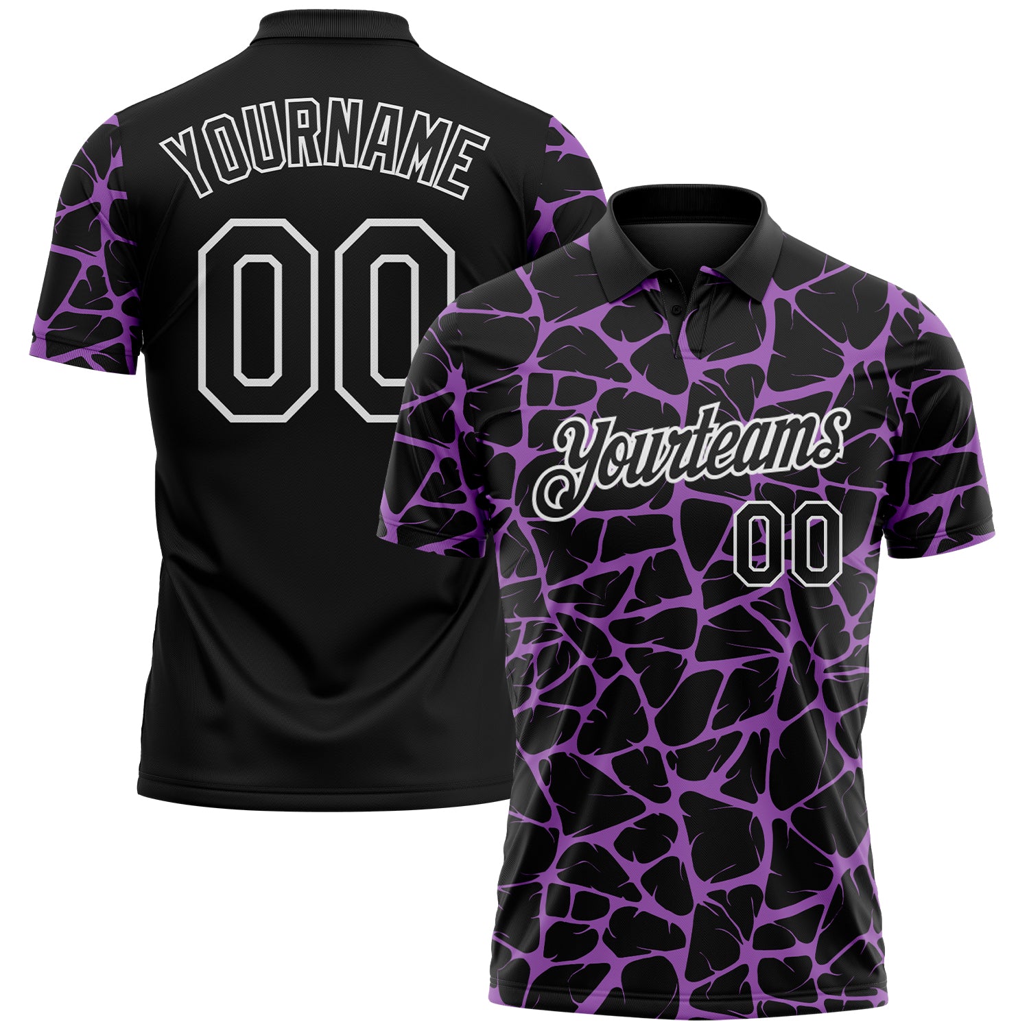Custom Black Medium Purple-White 3D Pattern Abstract Network Crackle Performance Polo Shirt