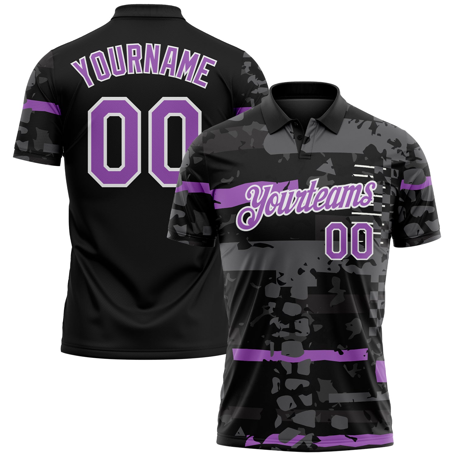 Custom Black Medium Purple-White Abstract Geometric Grunge Fragment Performance Polo Shirt