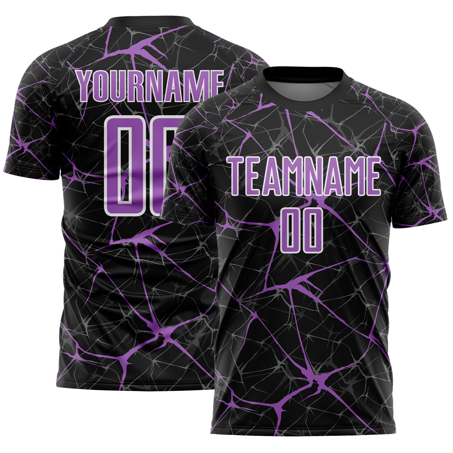 Custom Black Medium Purple-White Abstract Network Crackle Sublimation Soccer Uniform Jersey