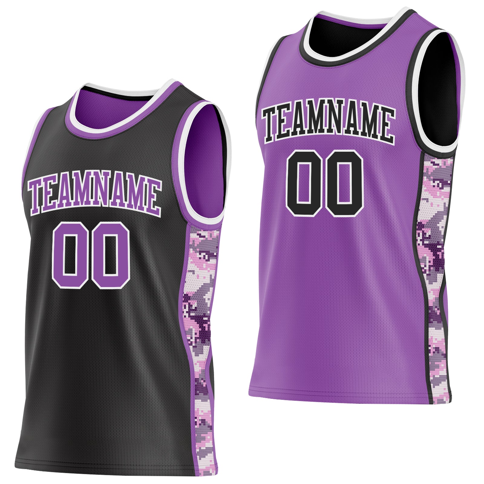 Custom Black Medium Purple-White Camo Side Panel Stripe Reversible Double Side Sublimation Basketball Set Jersey
