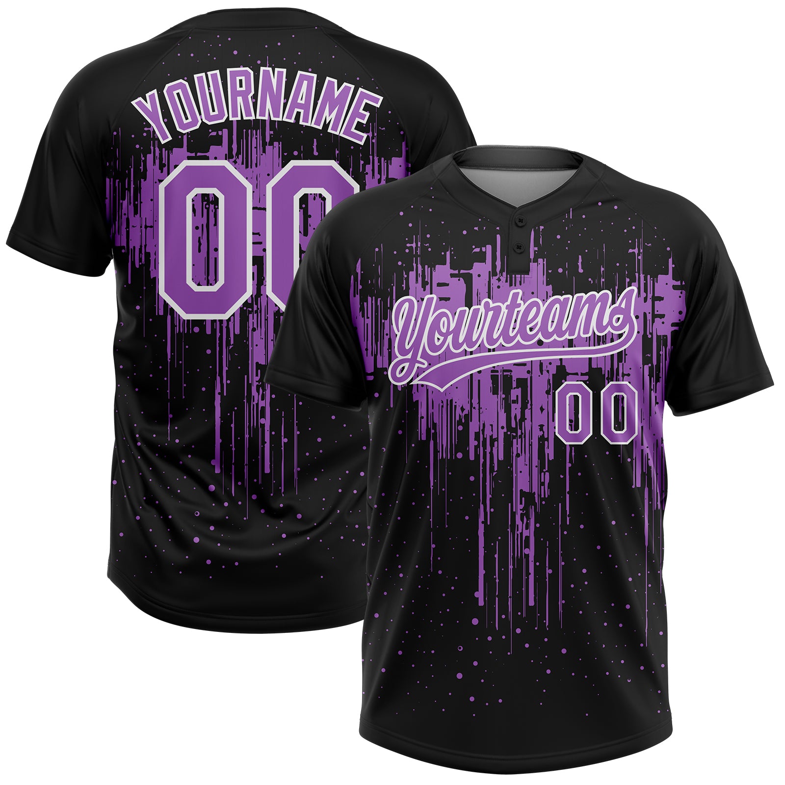 Custom Black Medium Purple-White Dripping Splatter Paint Two-Button Unisex Softball Jersey
