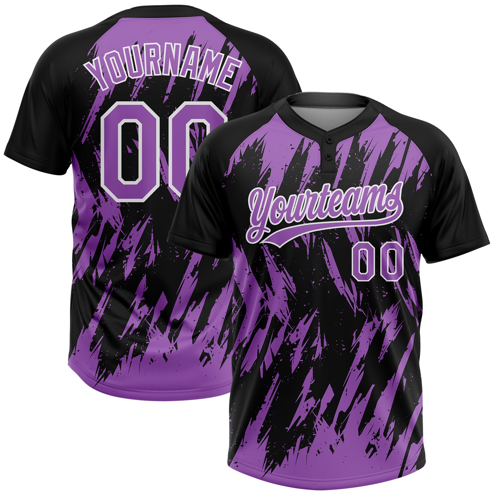 Custom Black Medium Purple-White Splatter Torn Sharp Brush Stroke Two-Button Unisex Softball Jersey