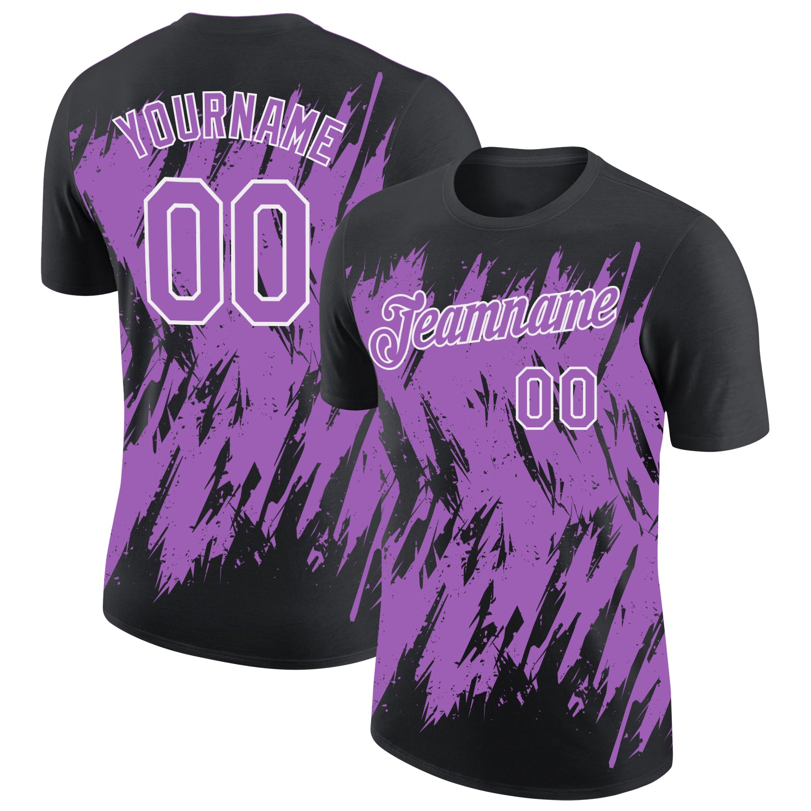 Custom Black Medium Purple-White Torn Sharp Brush Stroke Splatter Performance T-Shirt