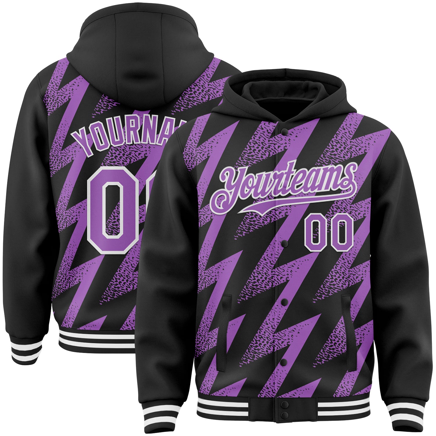 Custom Black Medium Purple-White Zigzag Shape 3D Pattern Design Bomber Full-Snap Varsity Letterman Hoodie Jacket