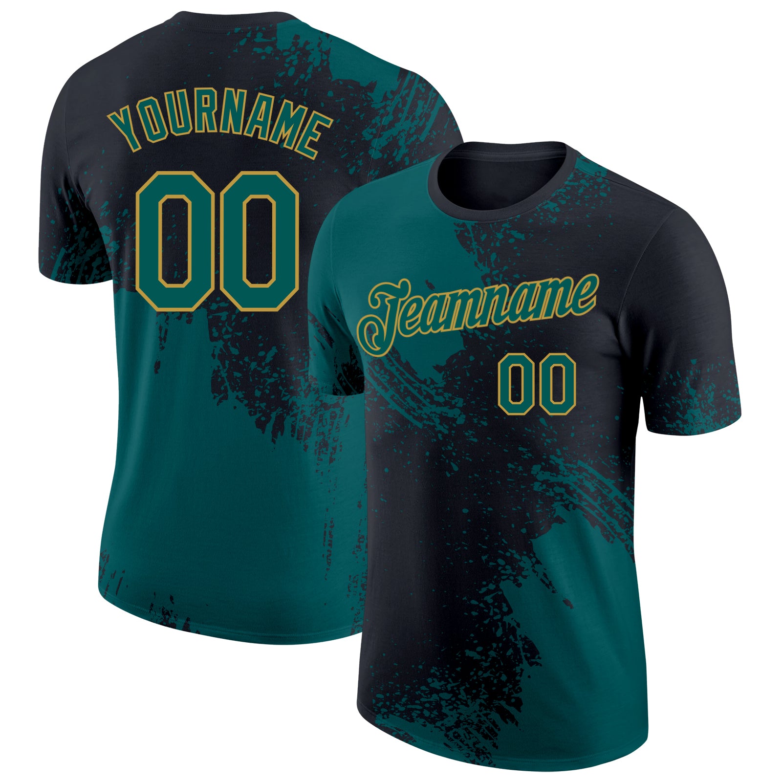 Custom Black Midnight Green-Old Gold Abstract Brush Stroke Performance T-Shirt