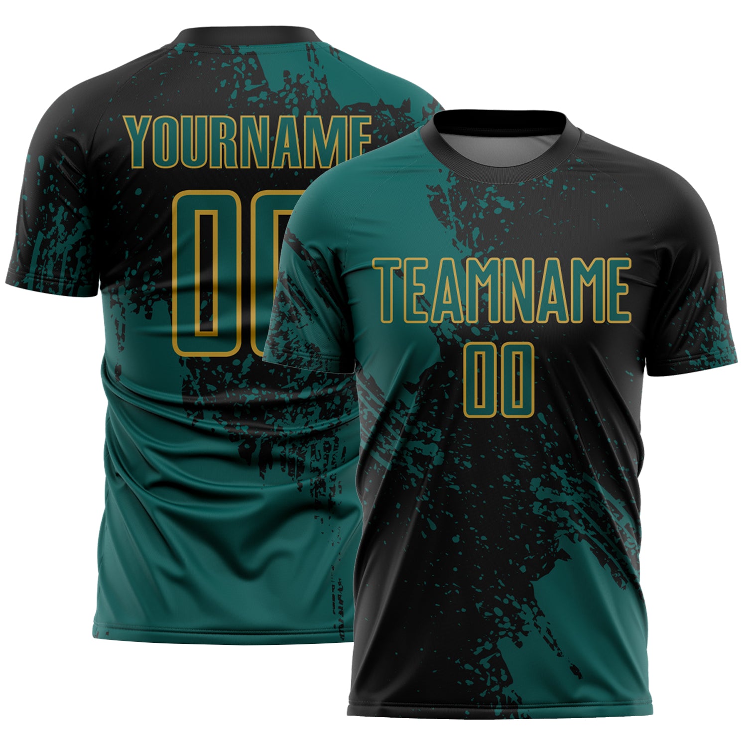 Custom Black Midnight Green-Old Gold Abstract Brush Stroke Sports Sublimation Soccer Uniform Jersey