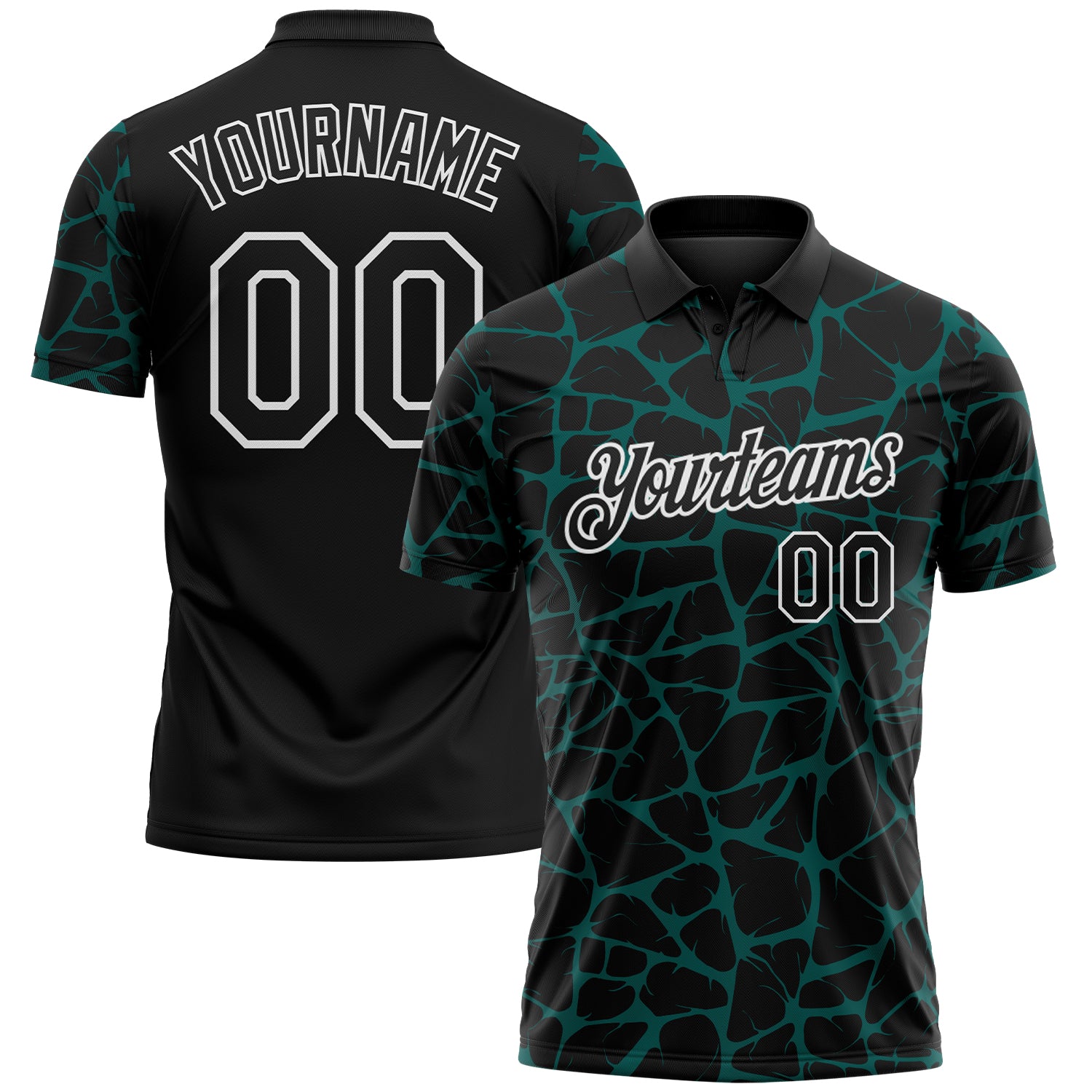 Custom Black Midnight Green-White 3D Pattern Abstract Network Crackle Performance Polo Shirt