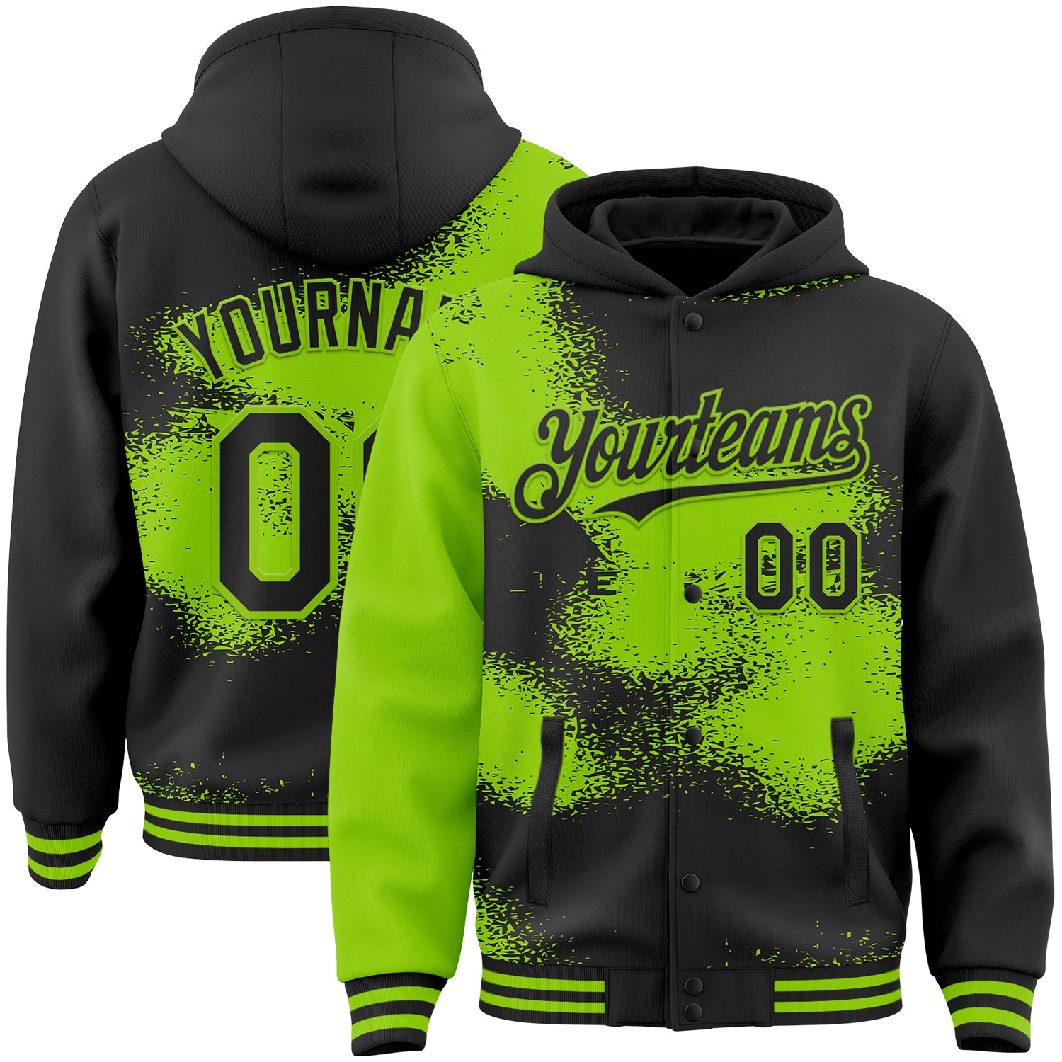 Custom Black Neon Green Abstract Color Blocks Fragment 3D Pattern Design Bomber Full-Snap Varsity Letterman Hoodie Jacket